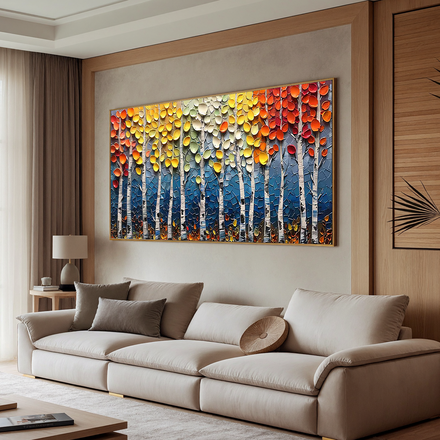 Autumn Symphony – Modern Impasto Vibrant Birch Forest Art | Cozy Living Room Panoramic Wall Decor