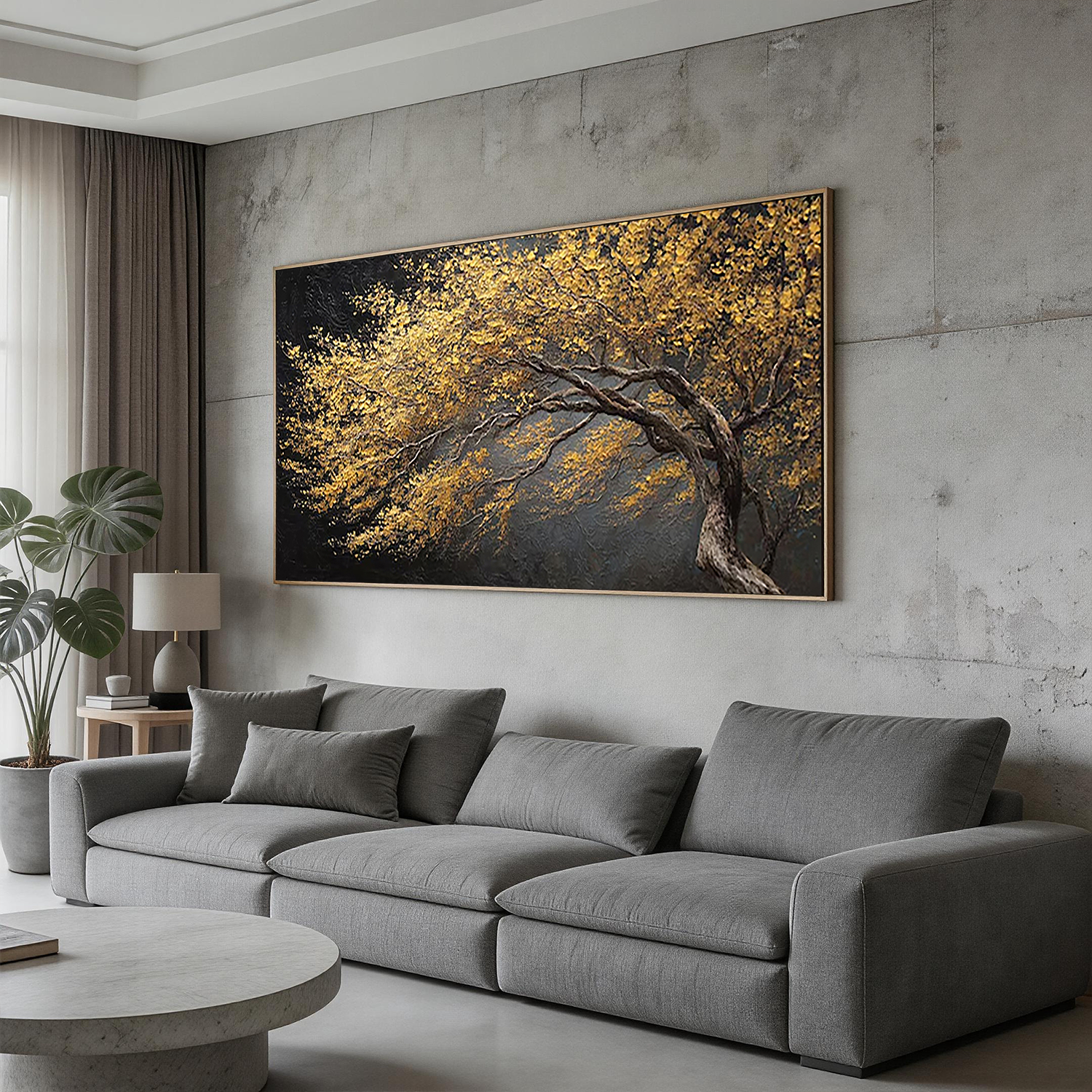 Golden Canopy – Luxury Metallic Tree of Life Painting | Horizontal Gold Leaf Impasto Living Room Art