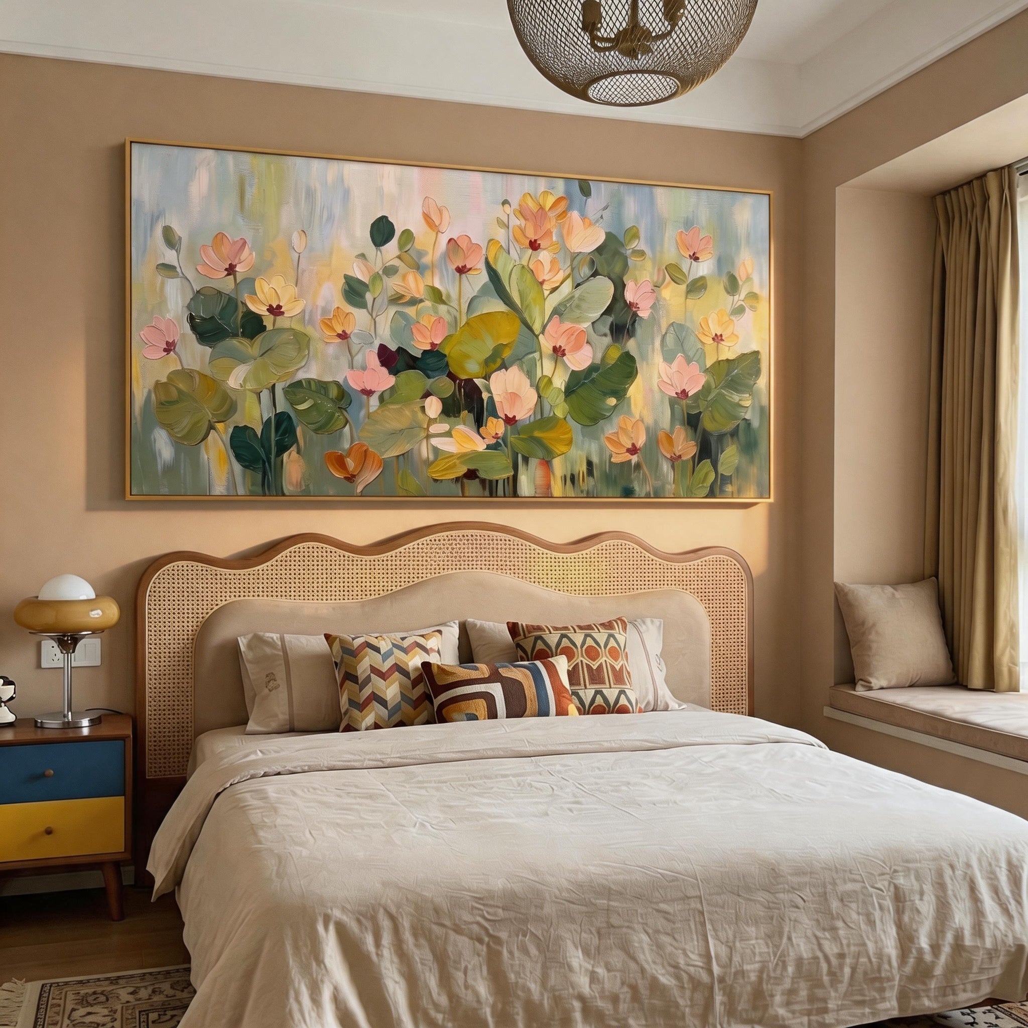 Endless Bloom – Modern Hand-Painted Horizontal Floral Oil Painting | Minimalist Living Room Wall Decor