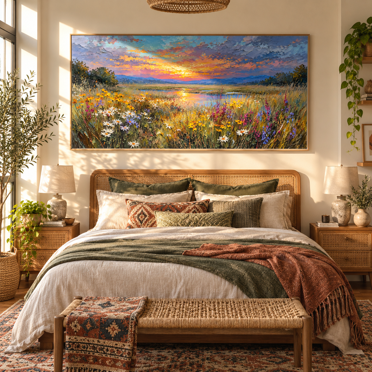 Meadow Catches Last Light wildflower sunset landscape painting displayed in a modern interior