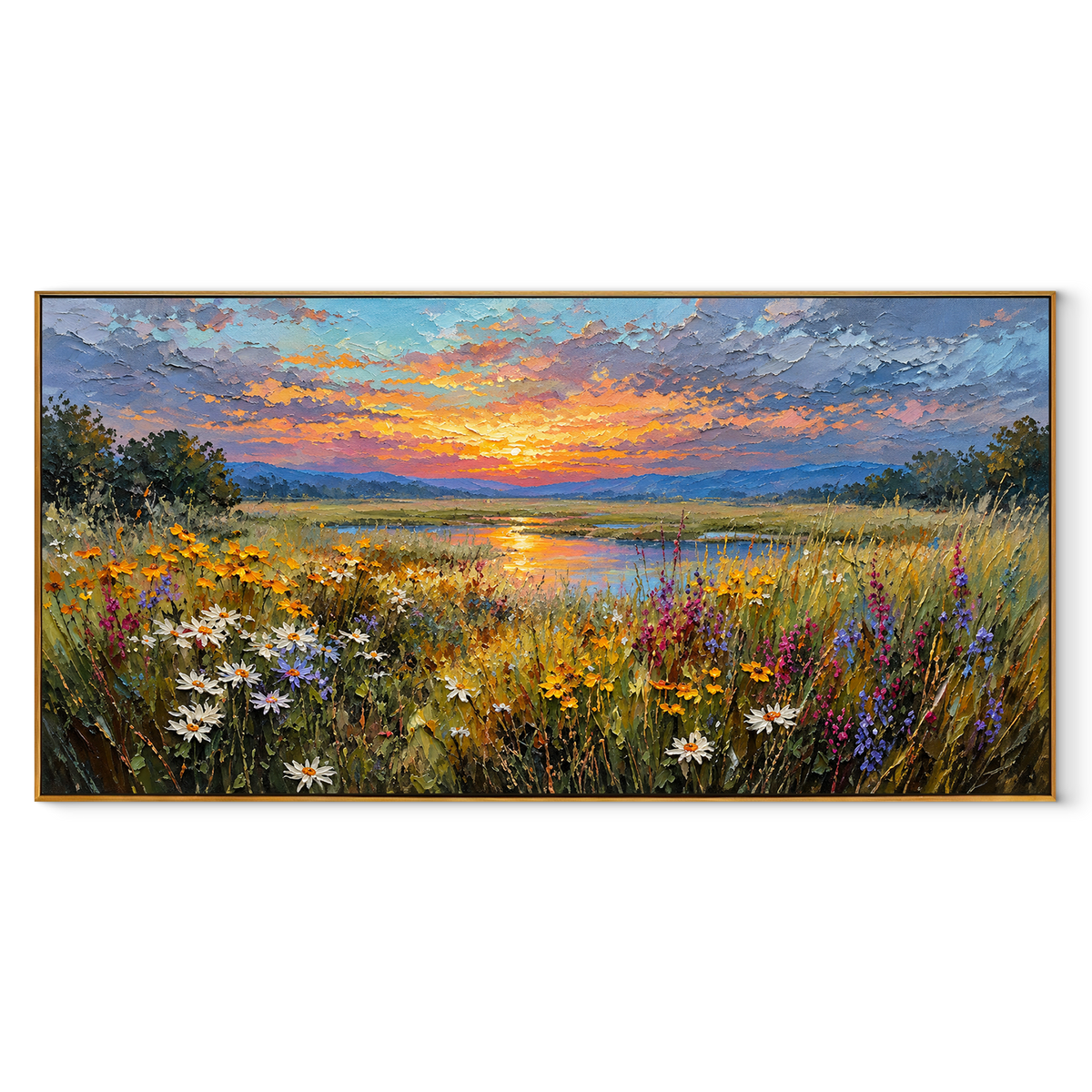 Meadow Catches Last Light panoramic canvas artwork in a wood frame on white