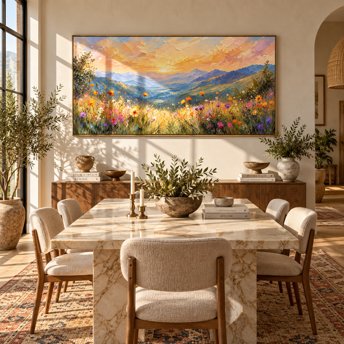 Dawn Opens Above Mountains mountain wildflower landscape painting displayed in a modern interior
