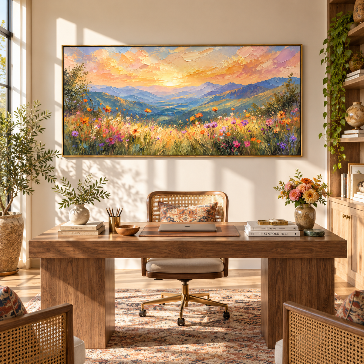 Dawn Opens Above Mountains textured wall art shown above contemporary furnishings
