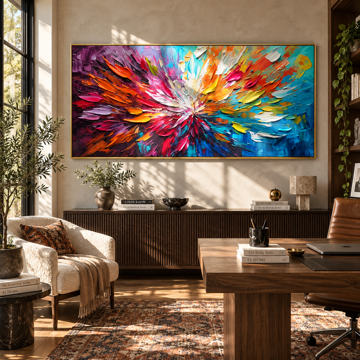 Petals Burst Into Color colorful abstract floral painting displayed in a modern interior