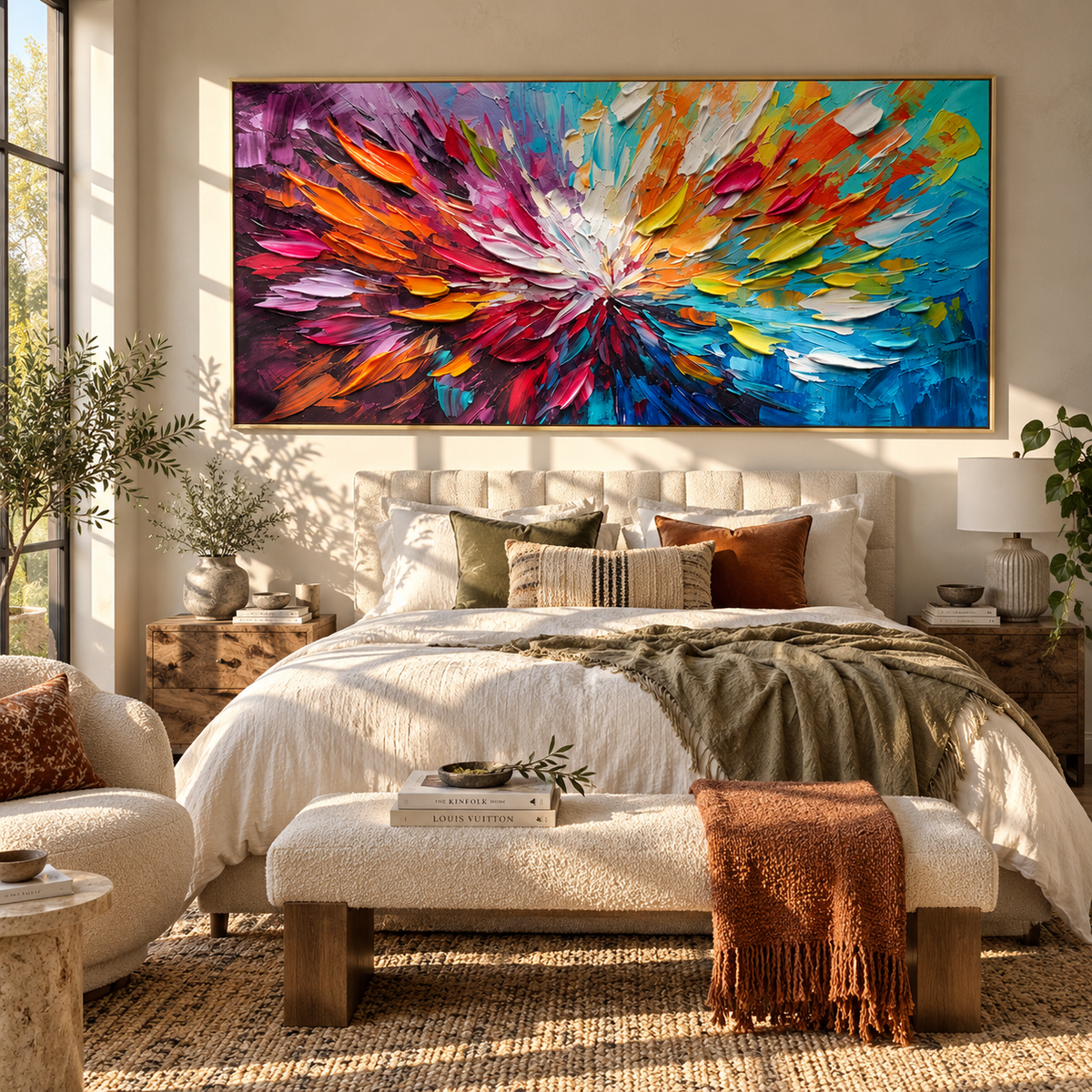 Petals Burst Into Color textured wall art shown above contemporary furnishings