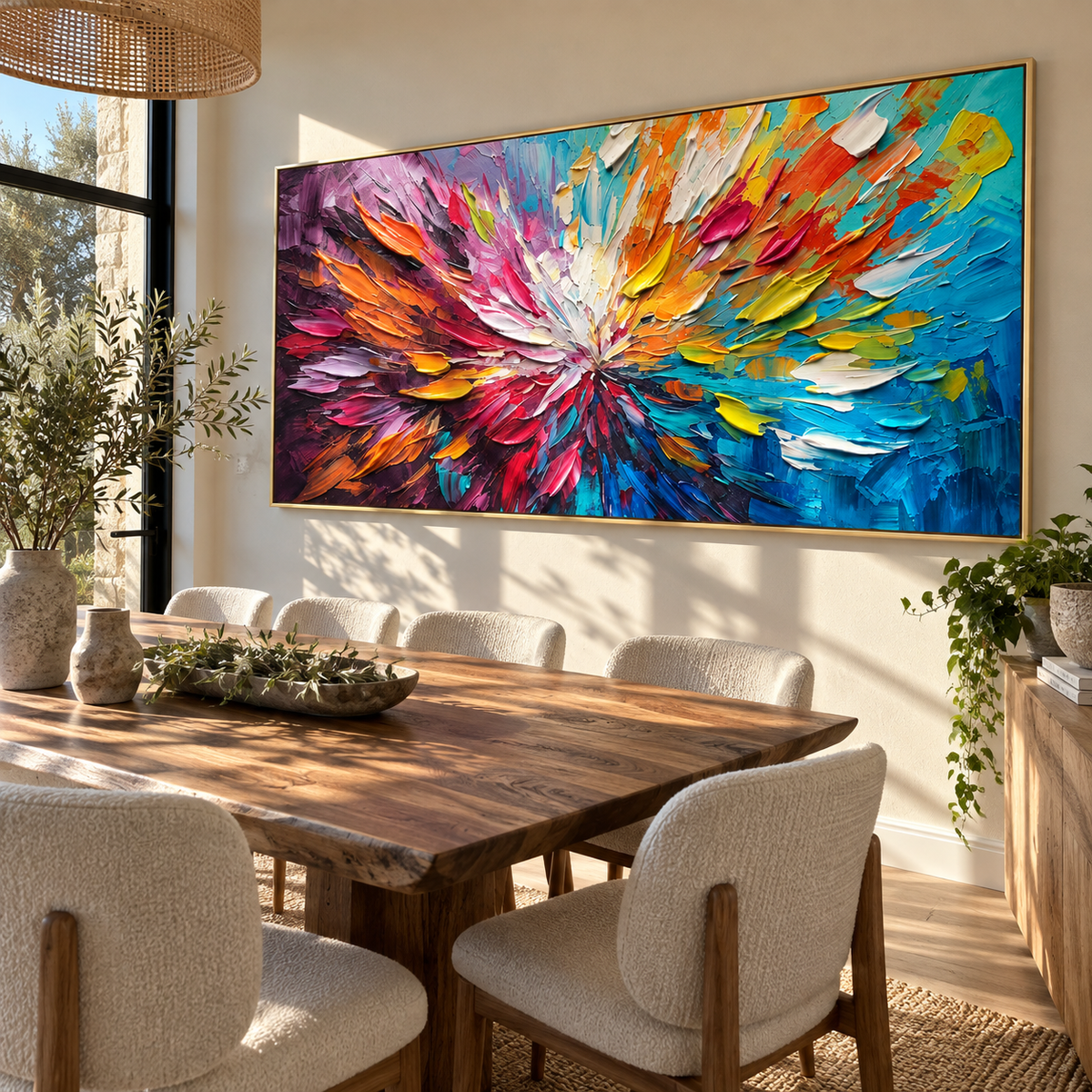 Petals Burst Into Color wide painting styled as a refined focal point