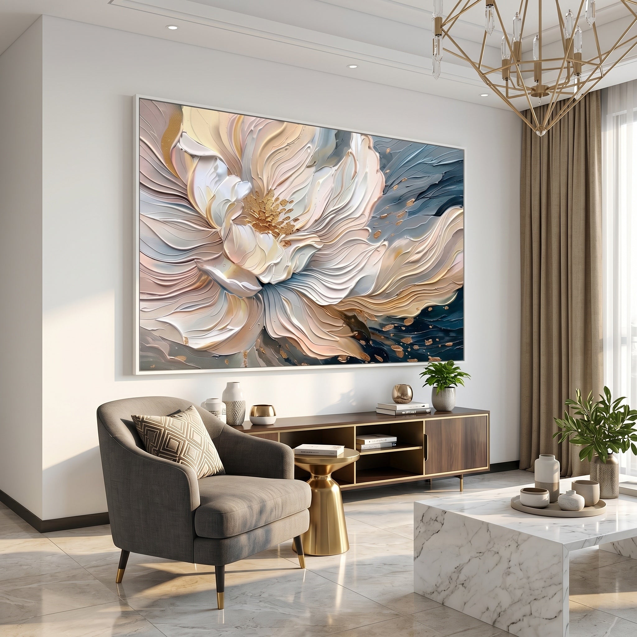 Flowing Gilt – Modern Luxury Abstract Floral Impasto Canvas | Elegant Living Room Wall Art