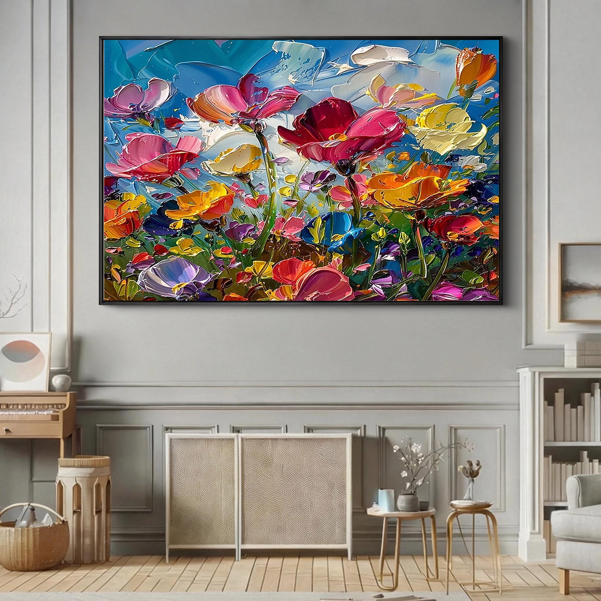 Vivid Bloom – Modern Rainbow Wildflower Impasto Floral Painting | Vibrant Botanical Living Room & Dining Room Art