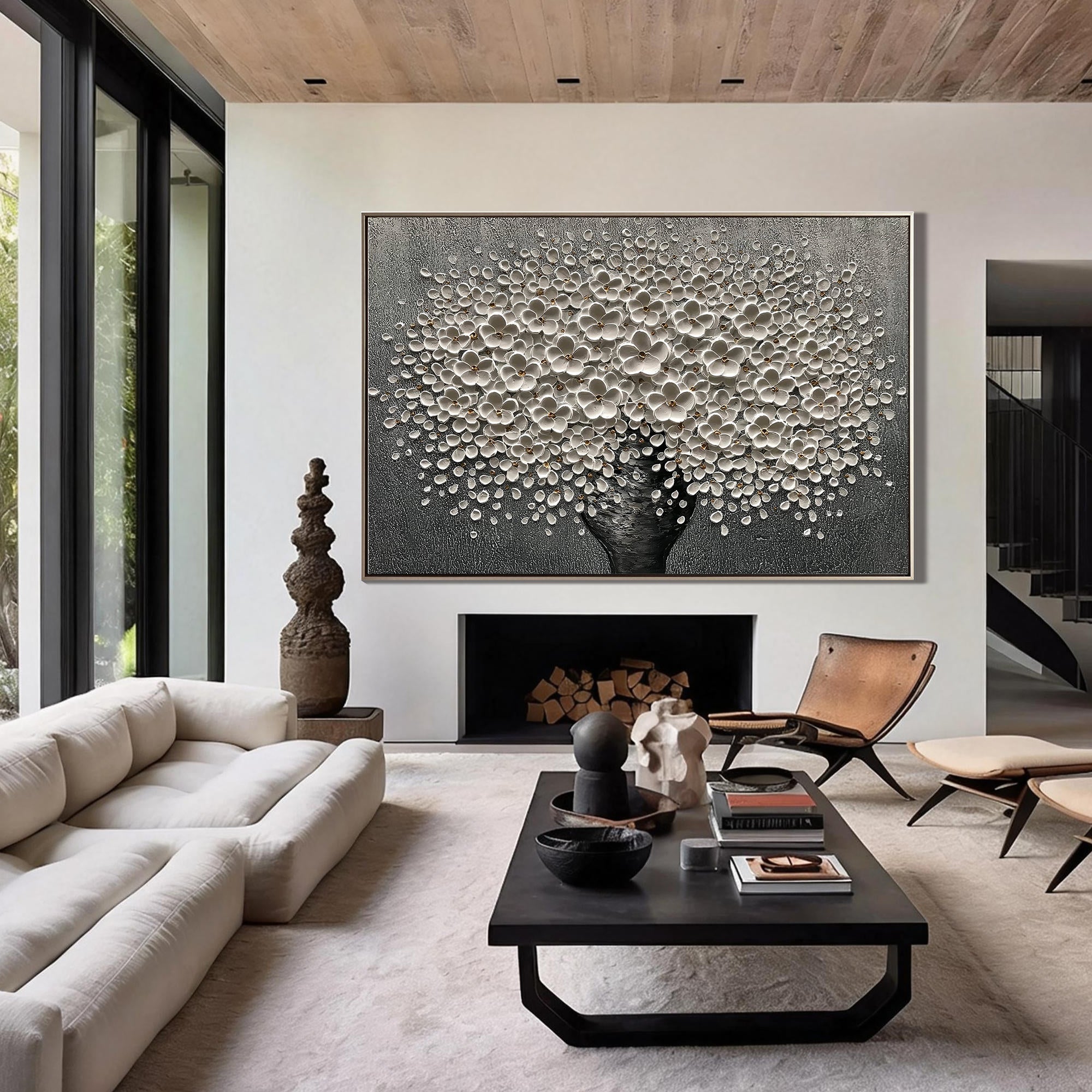 Stellar Abundance – Modern Heavy Impasto Floral Vase Painting | Luxury Horizontal Living Room Art