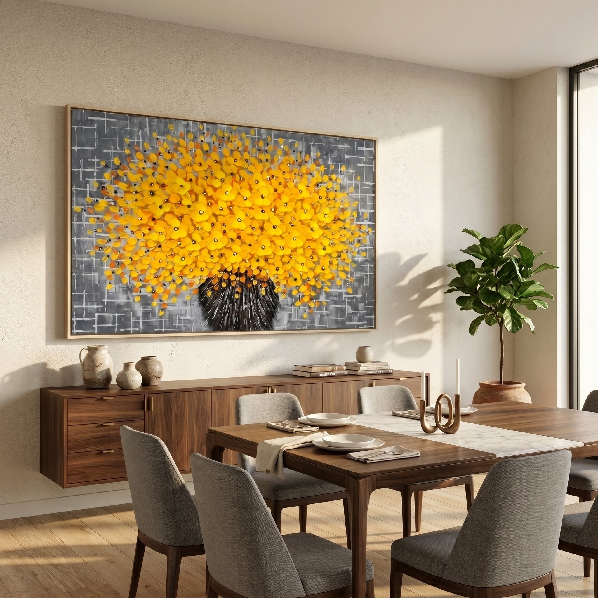 Golden Bloom – Grey & Yellow Impasto Abstract Floral Oil Painting | Modern Luxury Living Room Art