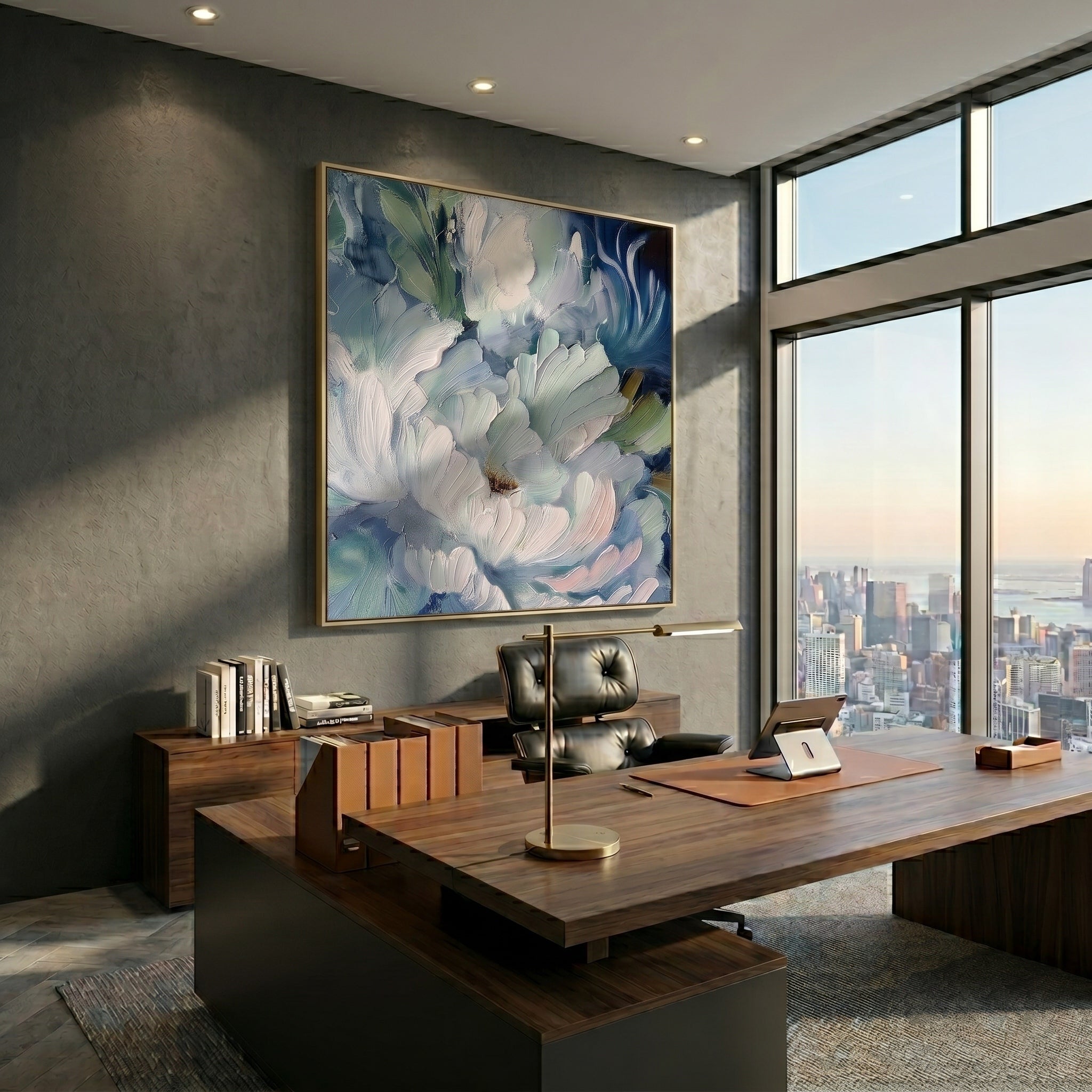 Glacial Bloom – Modern Impasto Floral Oil Painting | Creative Muted Blue & Teal Textured Hallway Art