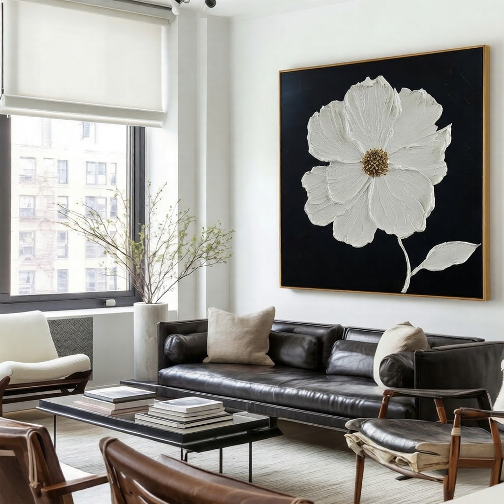Pure Bloom – Hand-Painted Black and White Minimalist Petal Plaster Relief Floral Painting | Minimalist Botanical Bedroom & Living Room Art
