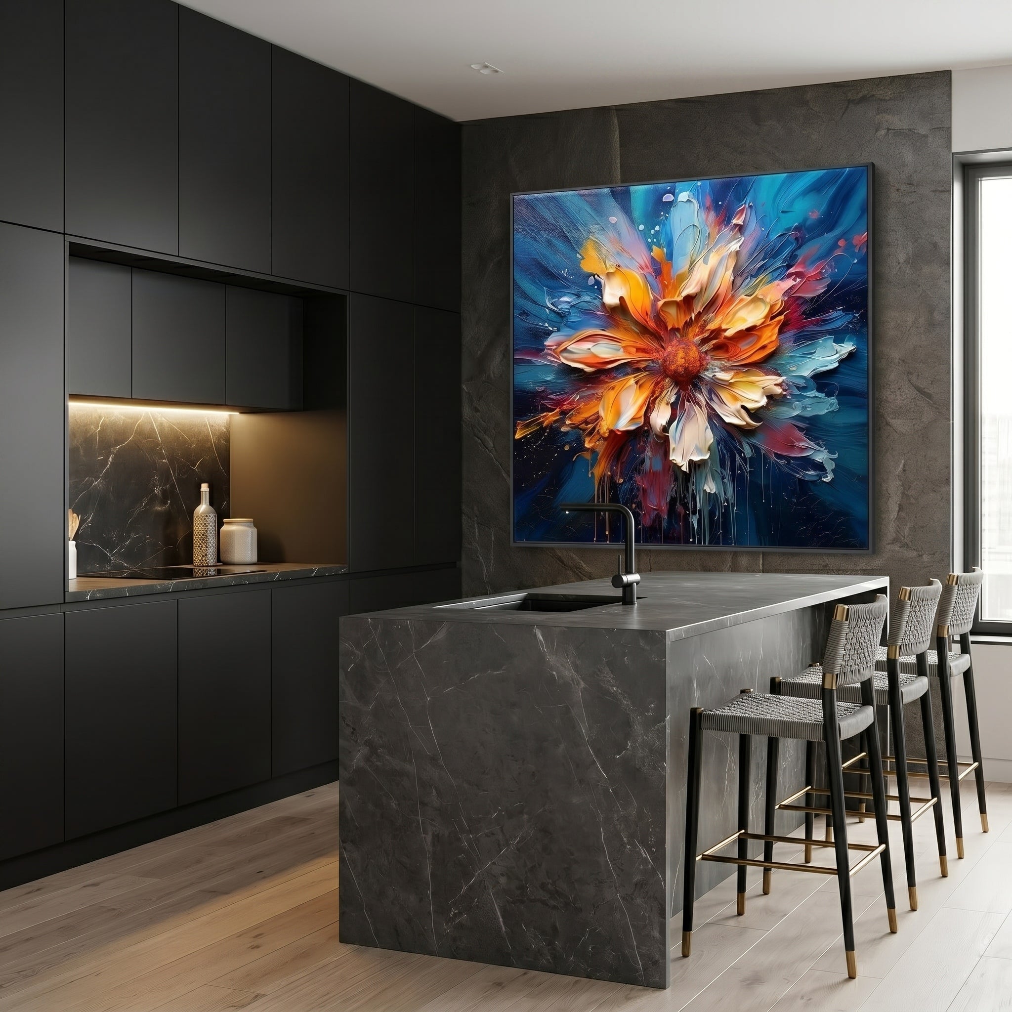 Vibrant Eruption – Modern Heavy Impasto Abstract Floral Oil Painting | Creative 3D Textured Hallway Art