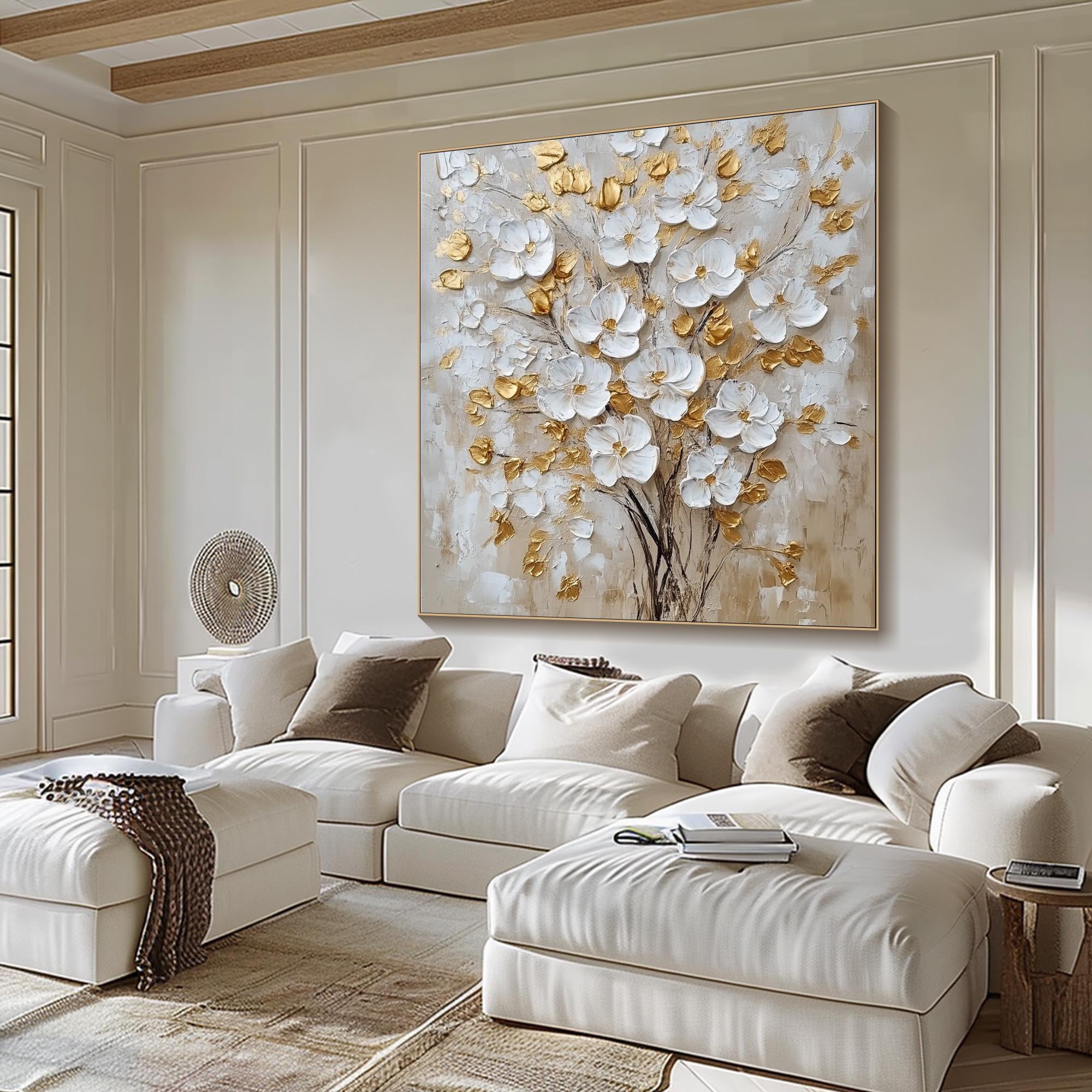 Golden Bloom – Hand-Painted White and Gold Foil 3D Relief Plaster Effect Floral Painting | Modern Luxury Botanical Bedroom & Living Room Art