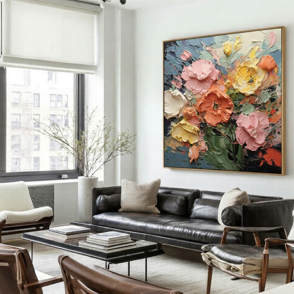 Vibrant Bloom – Hand-Painted Multicolored Yellow and Orange Heavy Texture Palette Knife Floral Painting | Vibrant Botanical Living Room & Dining Room Art