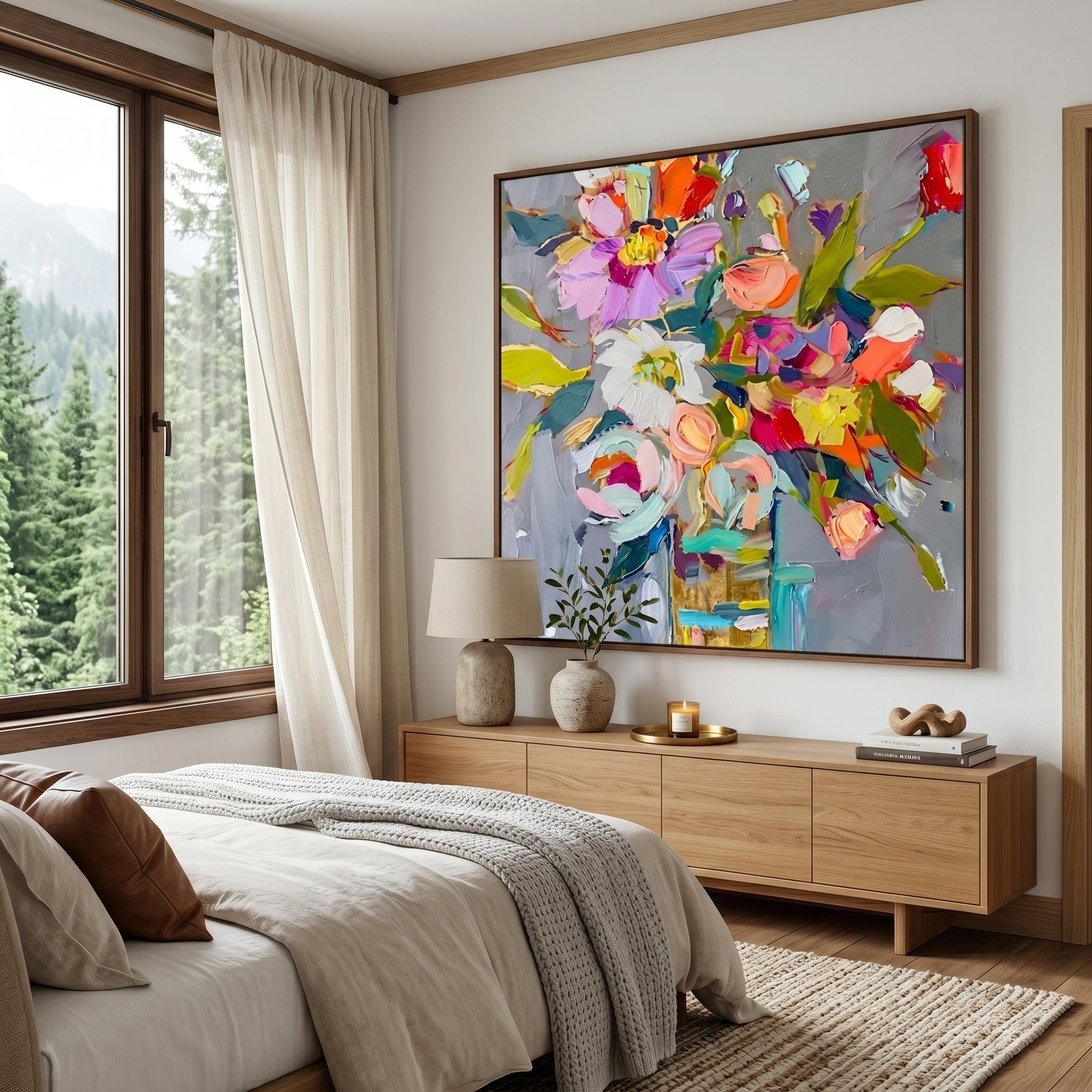 Vibrant Rhapsody – Modern Colorful Abstract Floral Oil Painting | Creative Textured Bedroom Art