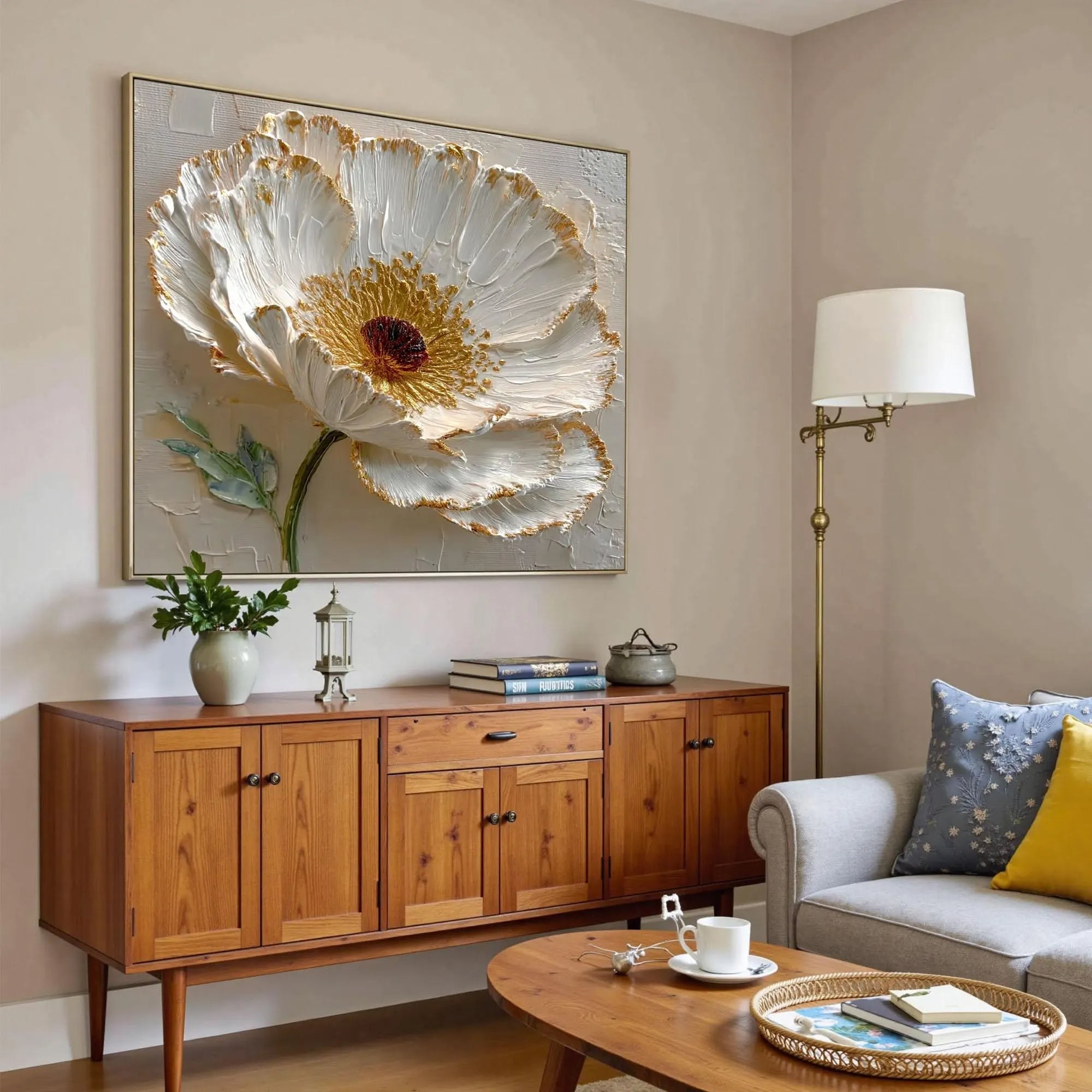 Gilded Petals – Hand-Painted White Blossom 3D Relief Heavy Texture Gold Rim Floral Painting | Modern Luxury Botanical Bedroom & Living Room Art