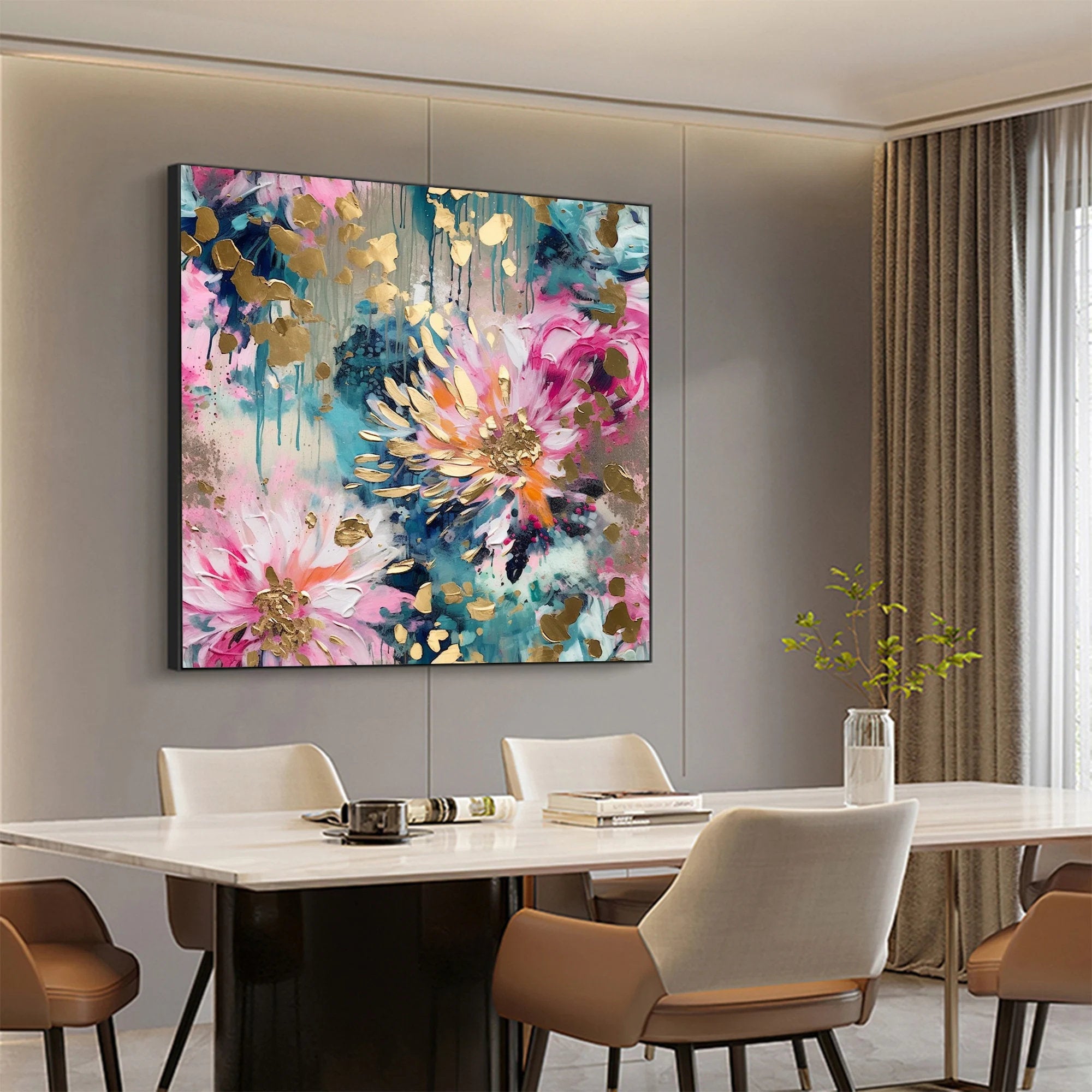 Aurora Bloom – Hand-Painted Multicolored Pink and Teal Gold Foil Abstract Floral Painting | Modern Luxury Botanical Bedroom & Living Room Art