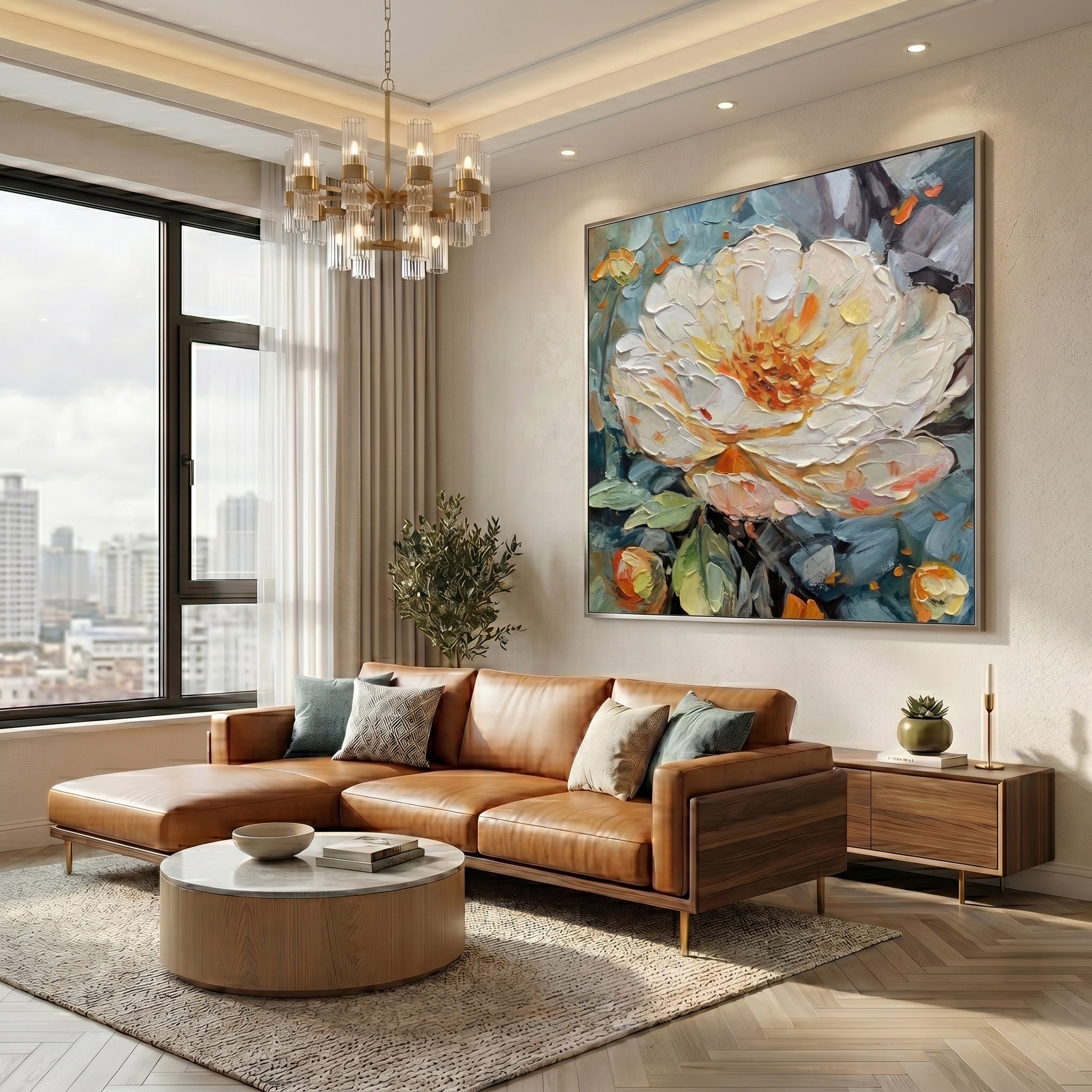 Midnight Bloom – Modern Impasto Slate Blue and White Peony Canvas | Retro-Elegant Bedroom Wall Decor