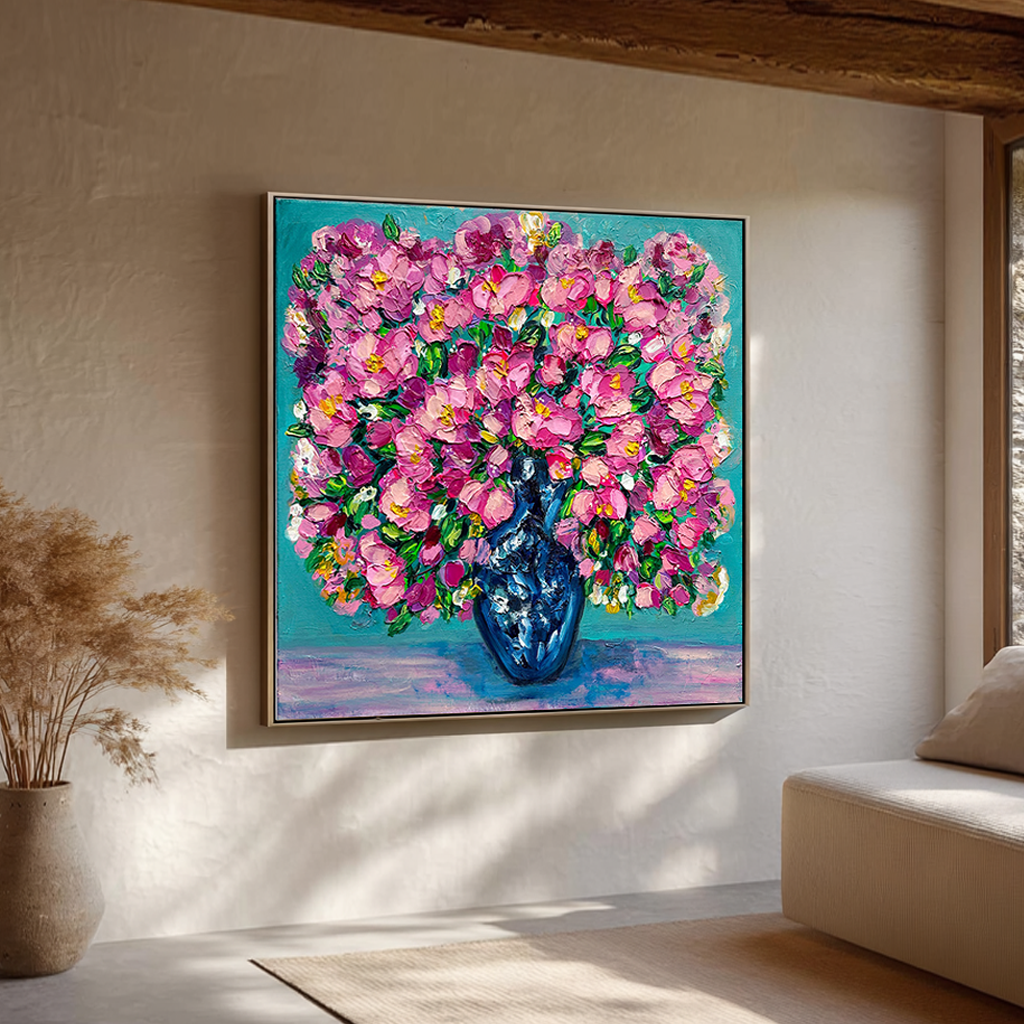 Royal Bouquet – Pink Peony Relief in Teal Vase Floral Painting | Contemporary Botanical Bedroom & Living Room Art