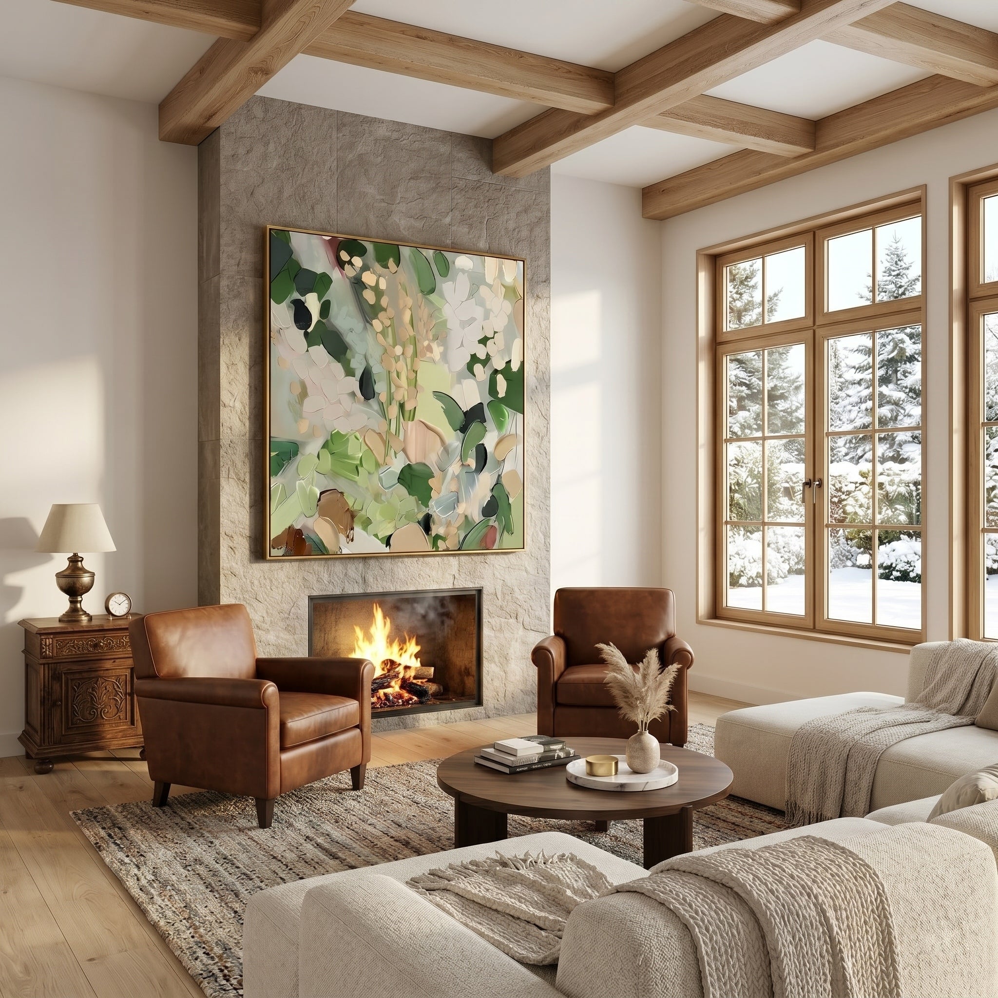 Woodland Serenity – Modern Wabi-Sabi Greenery Impasto Canvas | Minimalist  Abstract Entryway Art