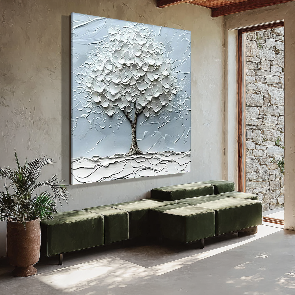 Sacred Solitude – Minimalist Heavy Impasto White Tree of Life | Wabi-Sabi Square Living Room Wall Art