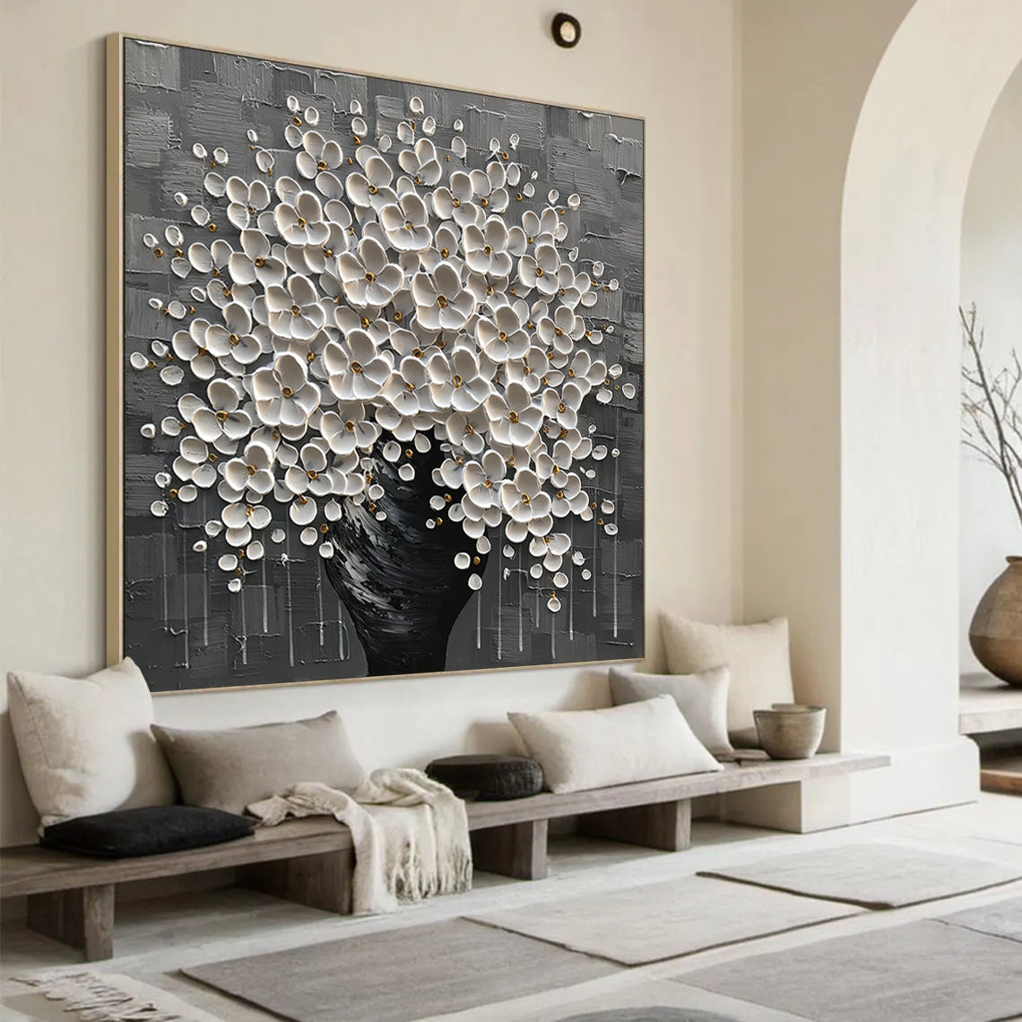 Silver Bloom – Luxury Monochrome Tree Relief Floral Painting | Minimalist Botanical Bedroom & Living Room Art