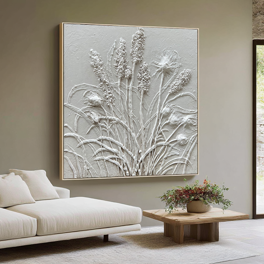 Lavender Breeze – White Plaster Botanical Relief Texture Painting | Contemporary Botanical Bedroom & Living Room Art