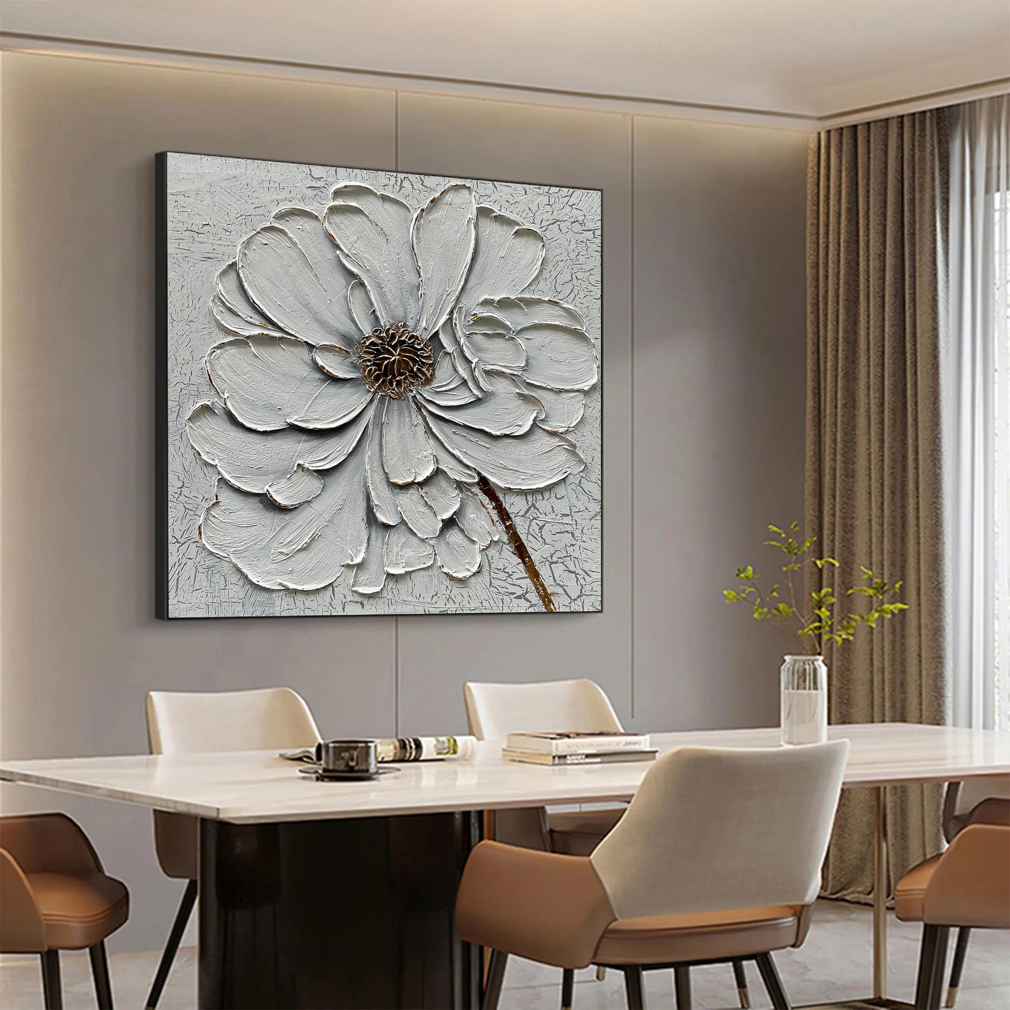 Gossamer Bloom – White Petal Relief with Gold Accents Texture Painting | Modern Luxury Botanical Bedroom & Living Room Art
