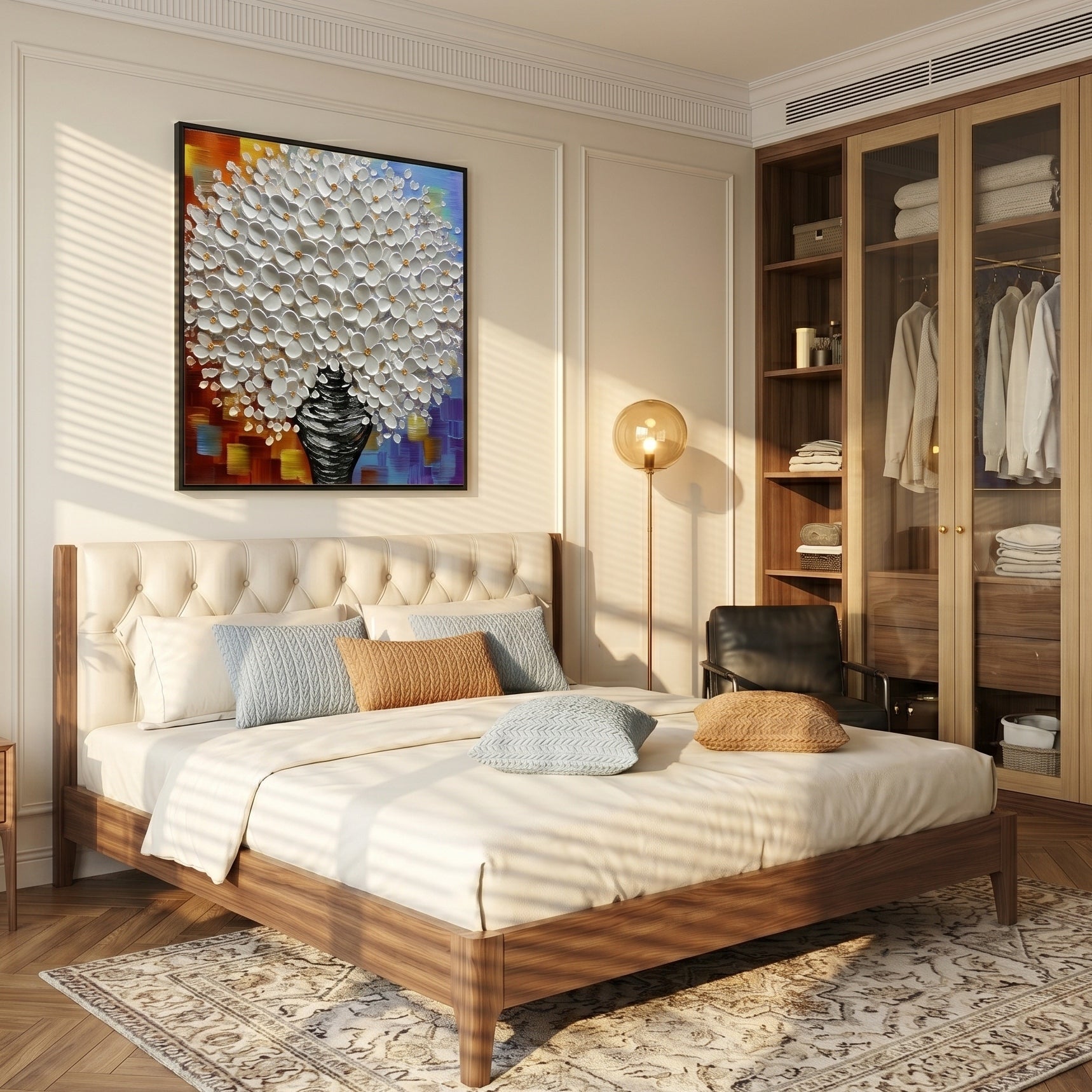 Ode to Blossoms – Modern Colorful Impasto White Floral Canvas | Vibrant Living Room Wall Art
