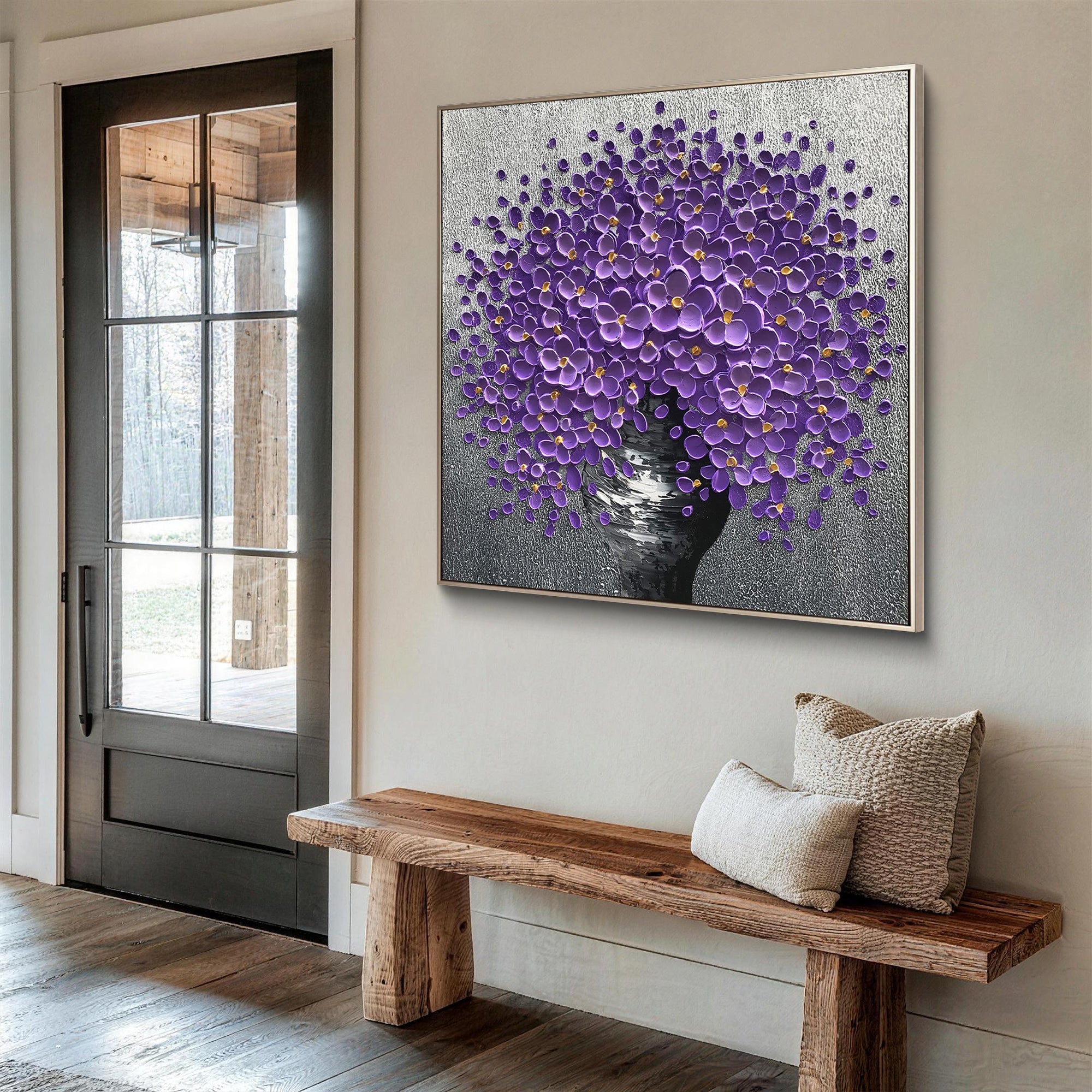 Violet Sphere – Modern Floral Bouquet Relief Floral Painting | Contemporary Botanical Bedroom & Living Room Art