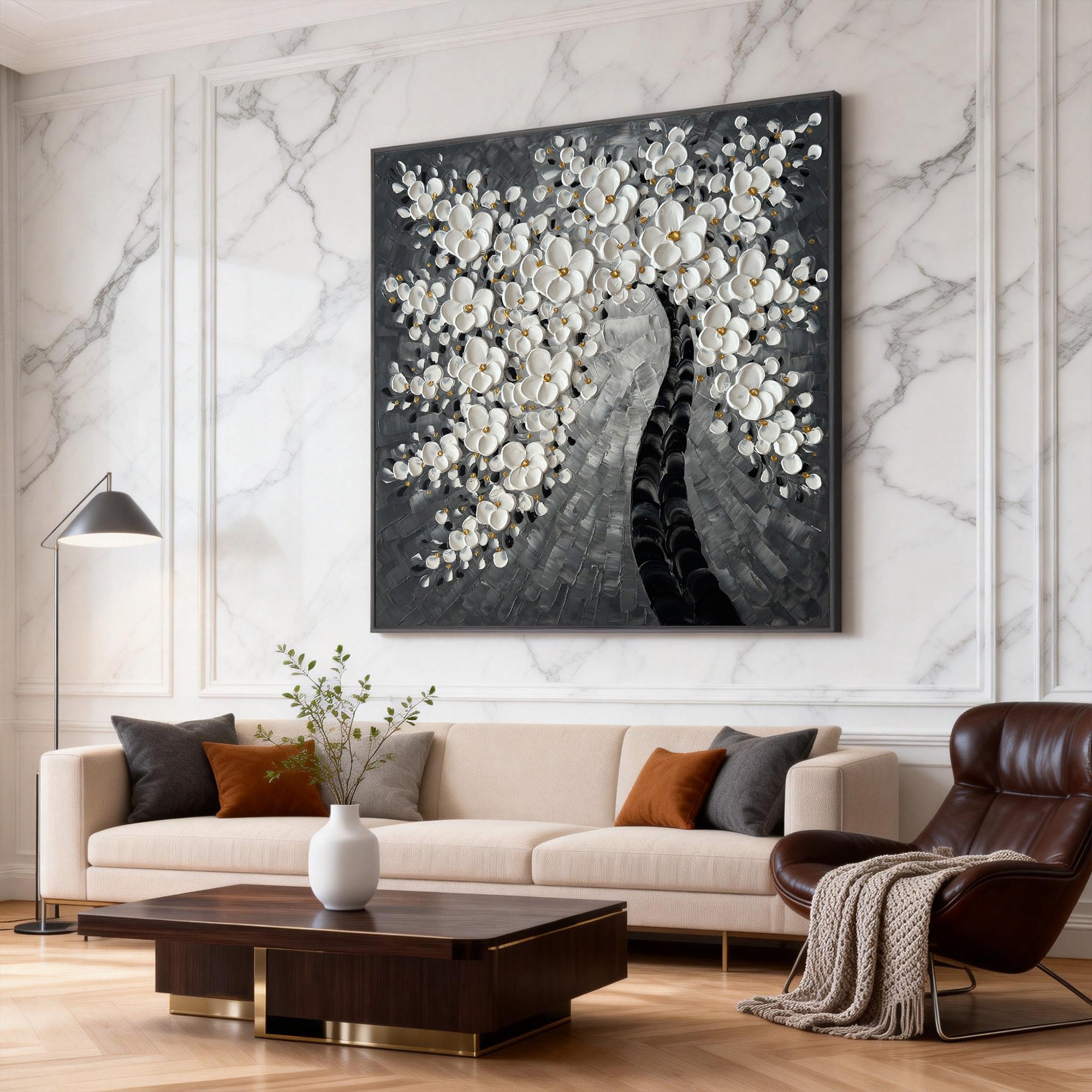 Noir Blossom – Modern Black and Grey Tree Relief Floral Painting | Minimalist Botanical Bedroom & Living Room Art