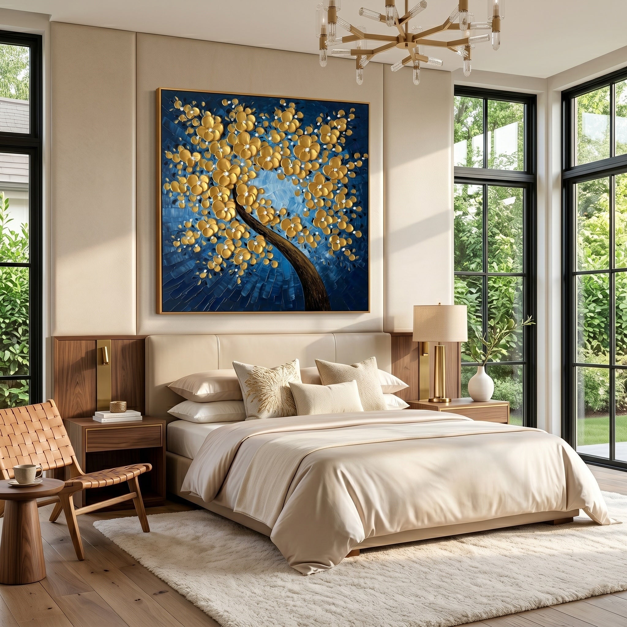 Azure Radiance – Blue & Gold Impasto Floral Tree Oil Painting | Modern Luxury Entryway Square Wall Art
