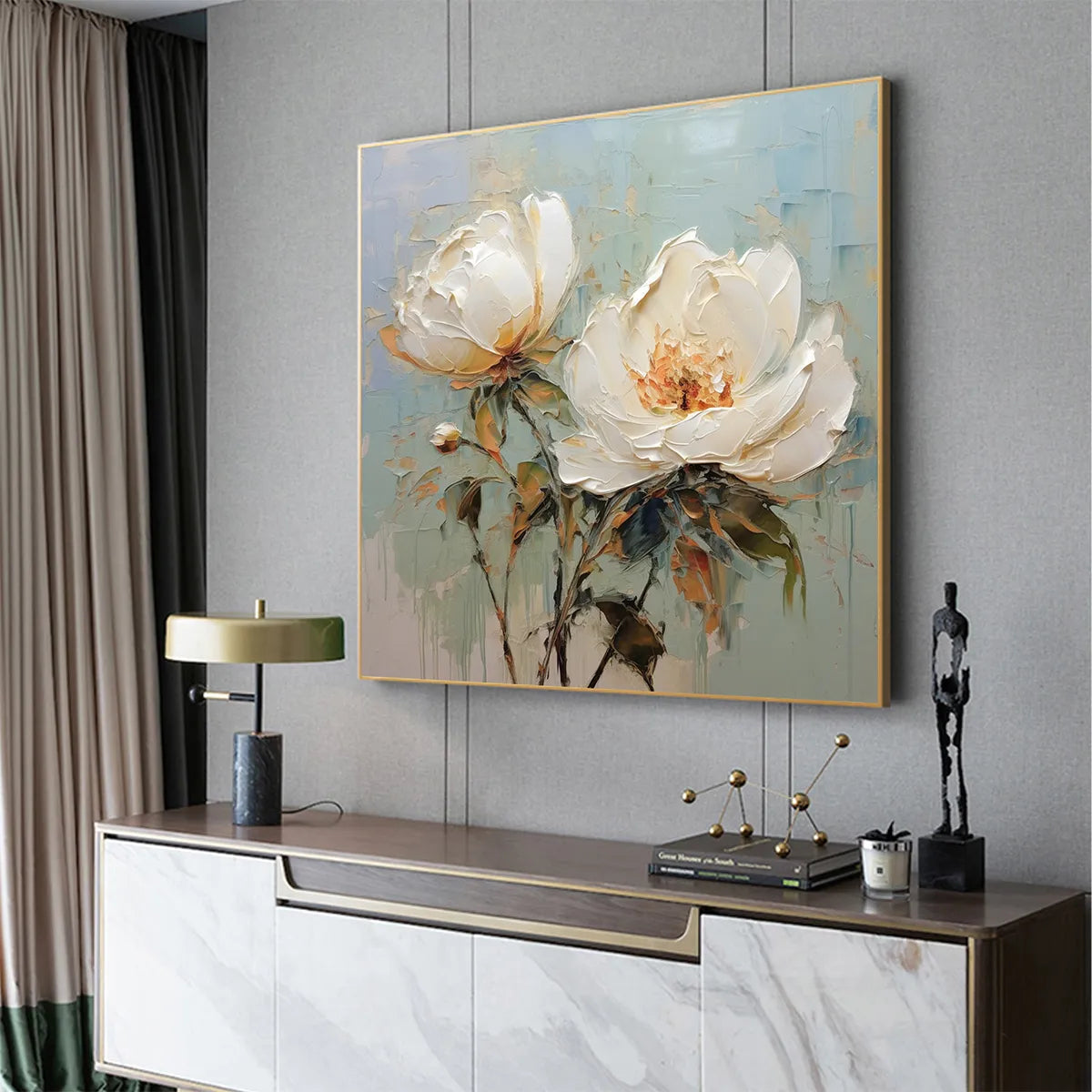 Ivory Duo – Modern Floral Palette Knife Texture Painting | Soft Organic Botanical Bedroom & Living Room Art