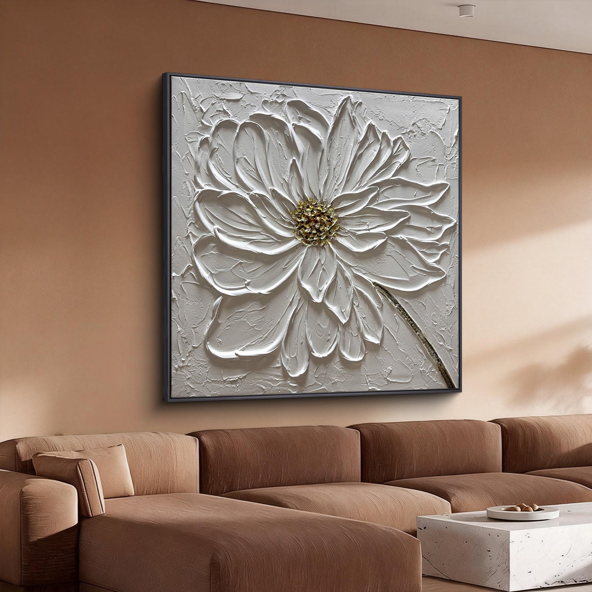 Floral Zenith – Heavy Impasto White Petal Relief Floral Painting | Contemporary Botanical Bedroom & Living Room Art