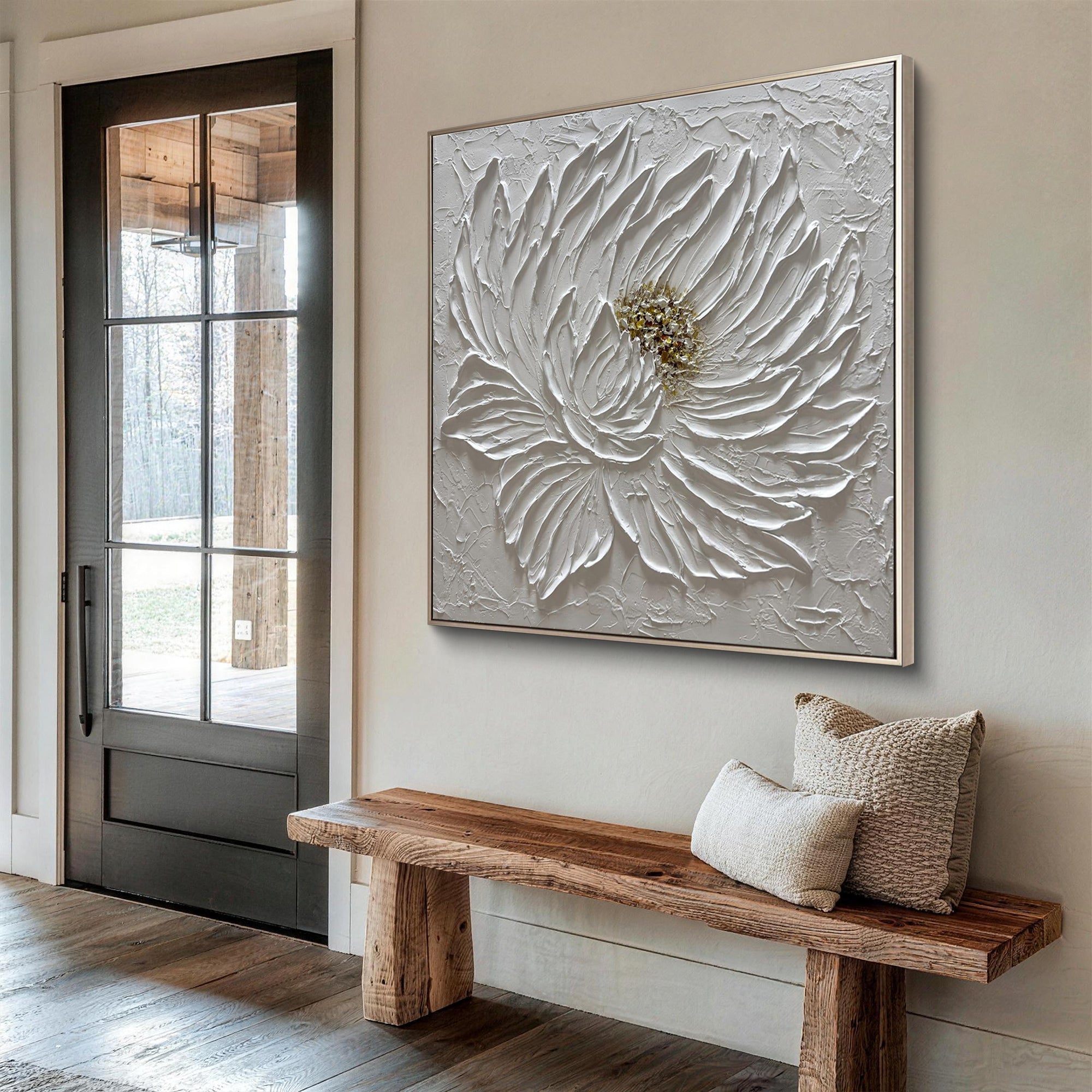 Blossom Elegance – White Flower Relief with Gold Accents Texture Painting | Modern Luxury Botanical Bedroom & Living Room Art