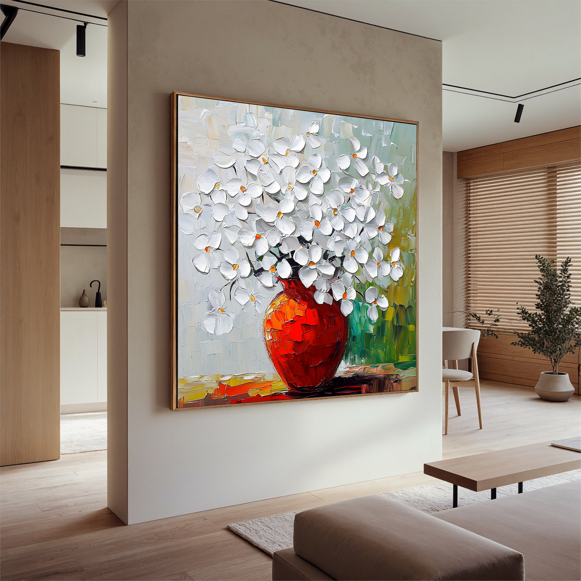 Blossoms in Vermilion – Modern Textured White Floral Painting | Luxury Red Vase Expressionist Hallway Art