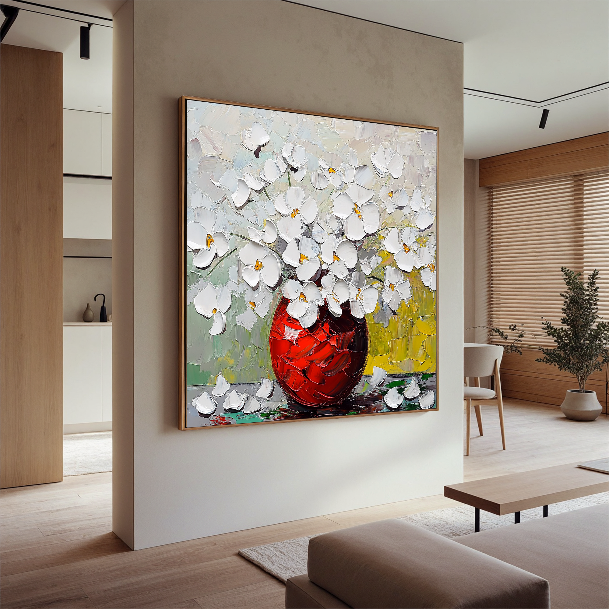 Crimson Radiance – Modern Textured White Floral Painting | Luxury Red Vase Impressionist Hallway Art