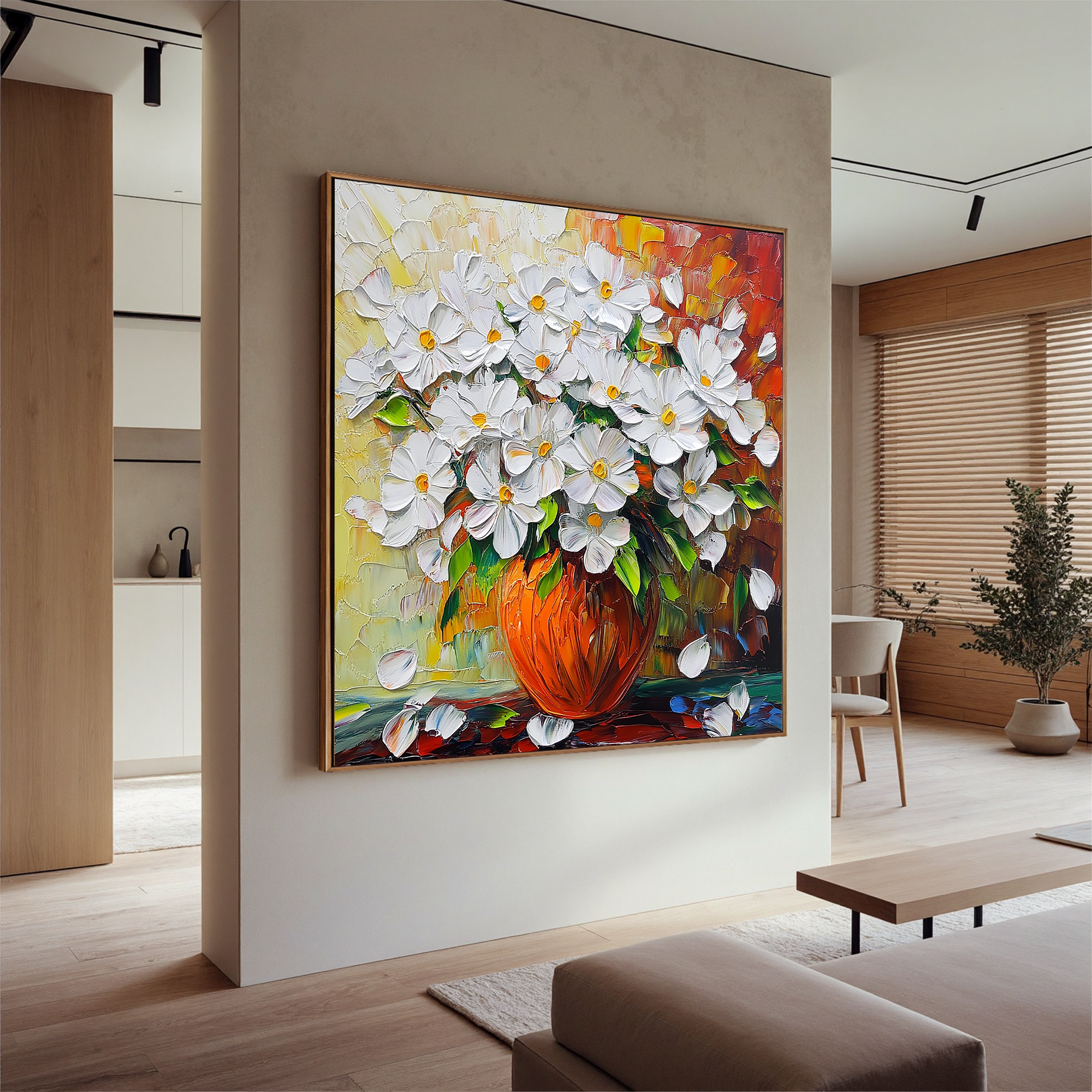 Sun-Drenched Bloom – Modern Impressionist Textured Daisy Painting | Vibrant Warm Tone Living Room Art