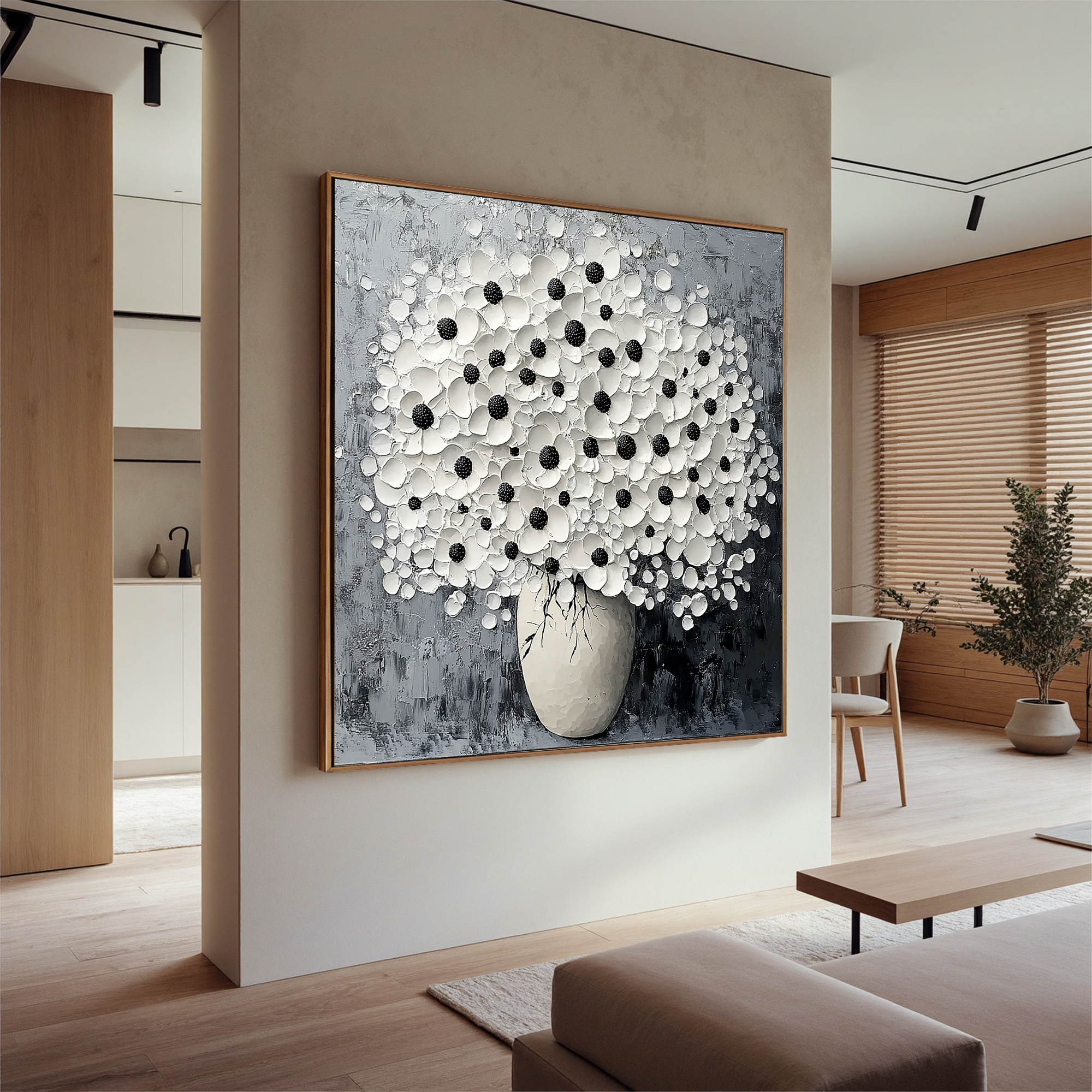 Monochrome Bloom – Modern Textured Black and White Floral Painting | Minimalist Impasto Still Life Vase Hallway Art