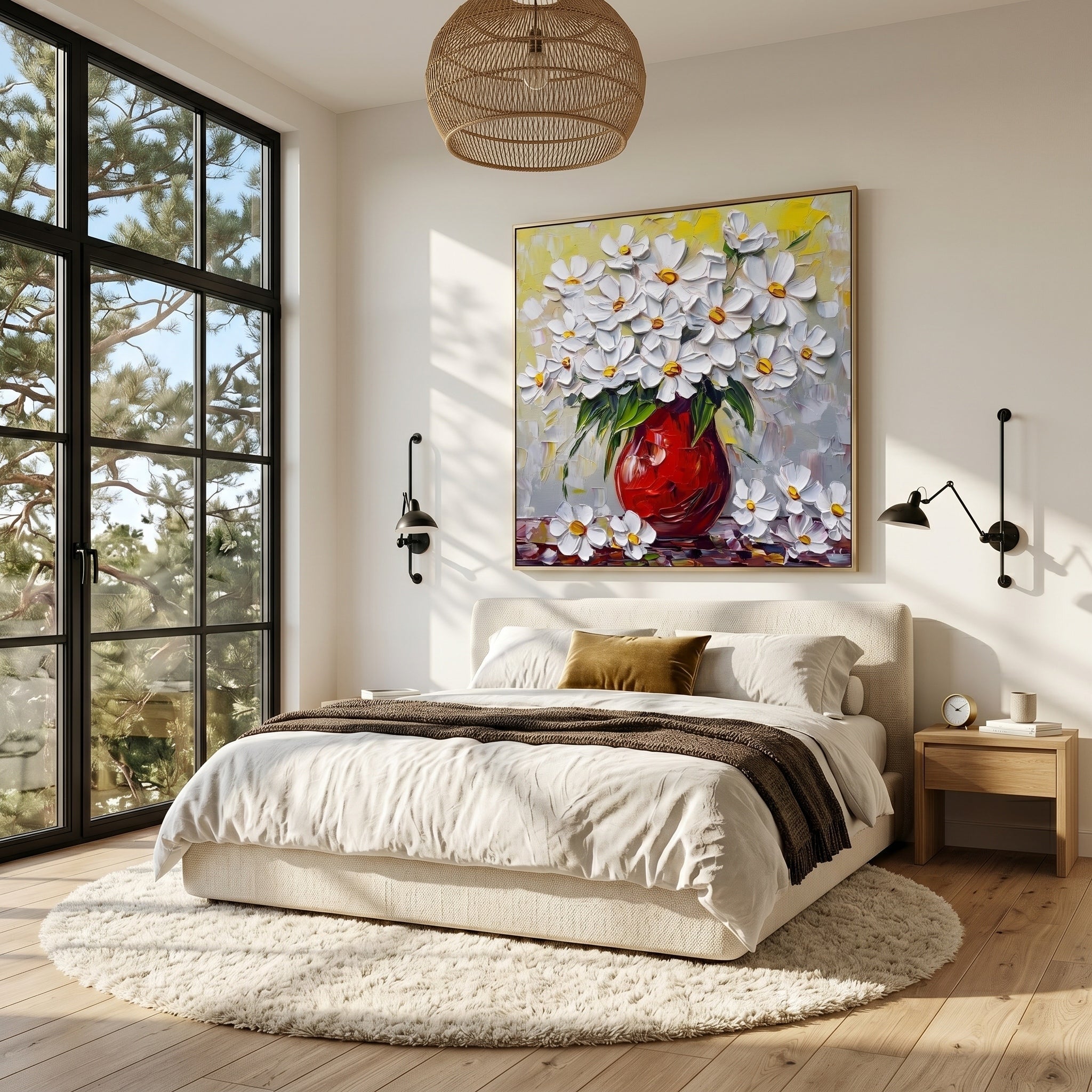 Ode to Midsummer – Impasto Painting of a Red Vase with White Chrysanthemums | Rustic-Style Entryway Art