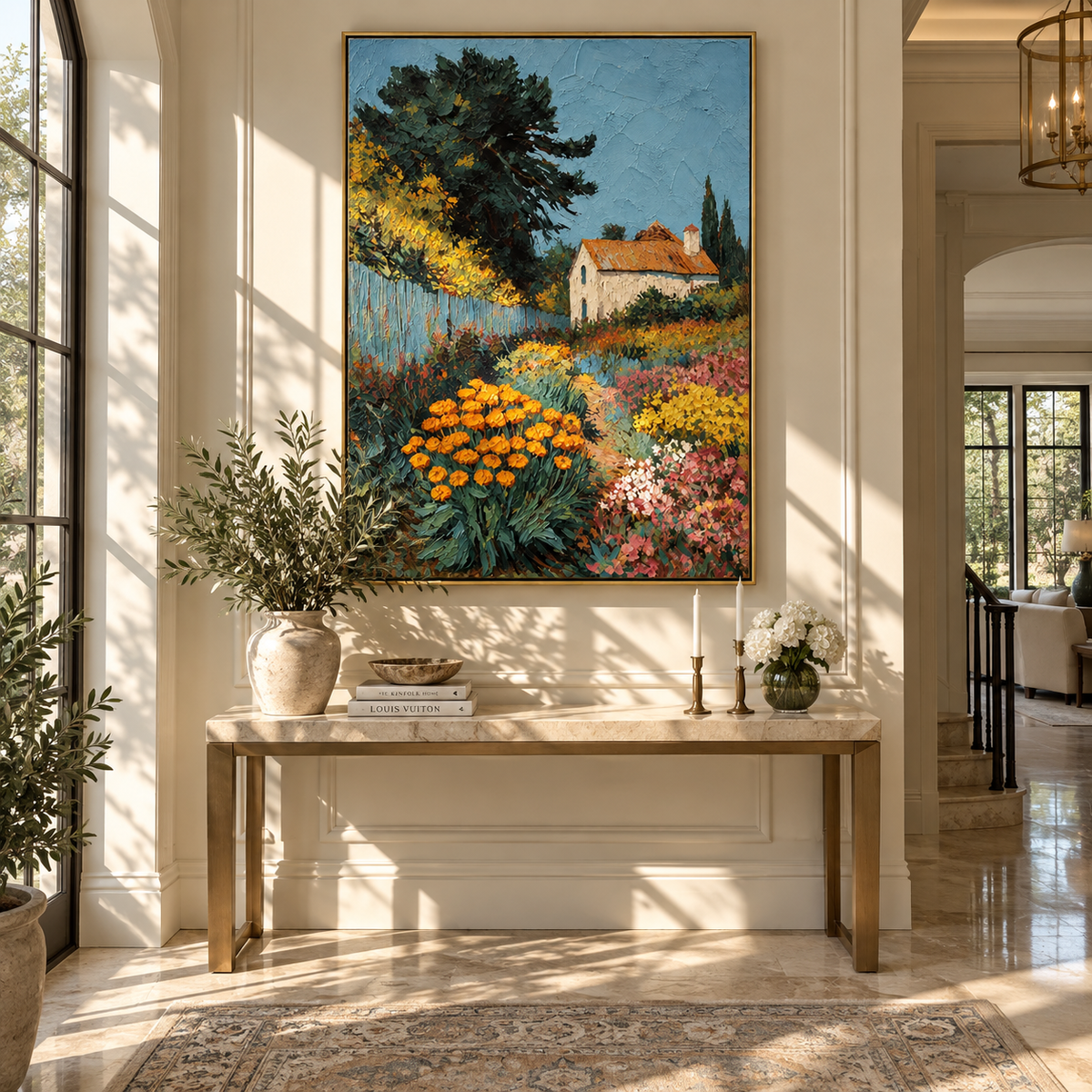 Marigolds by the Cottage - colorful garden cottage painting displayed in a styled interior