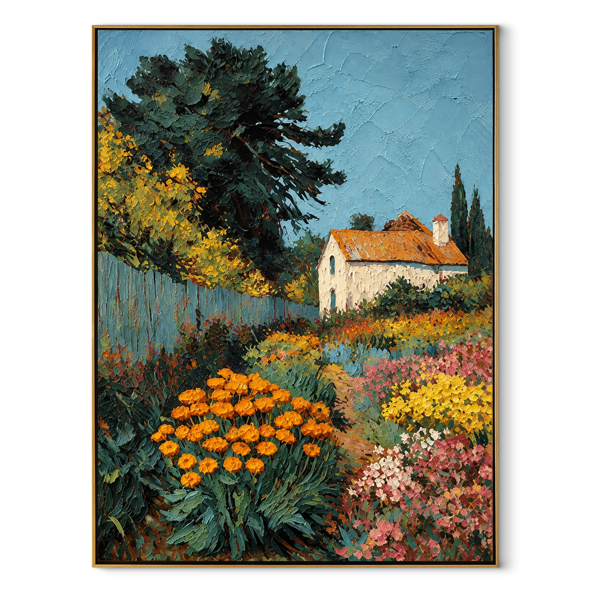 Marigolds by the Cottage - colorful garden cottage painting in a wood frame on white