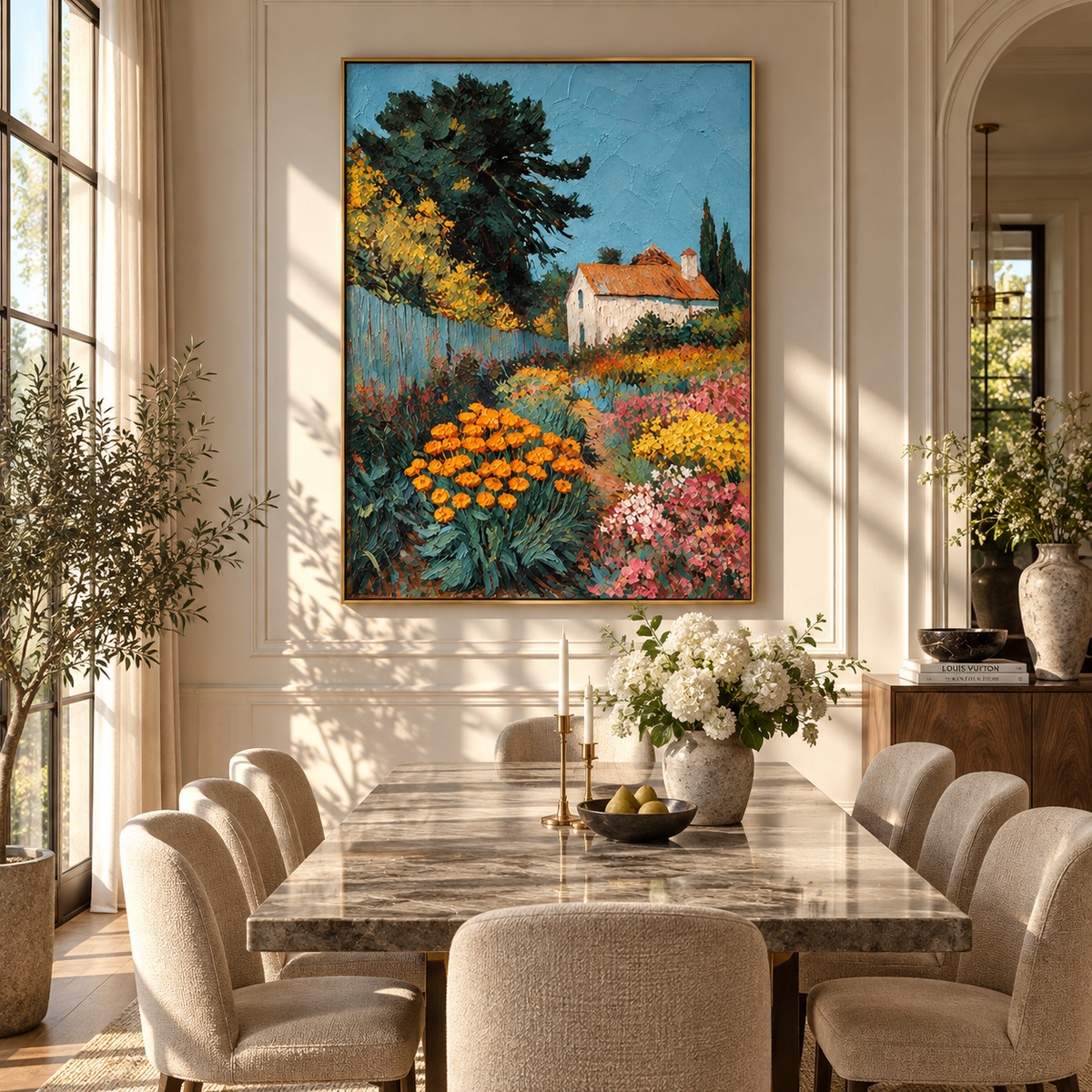 Marigolds by the Cottage - colorful garden cottage painting shown in modern room setting 3