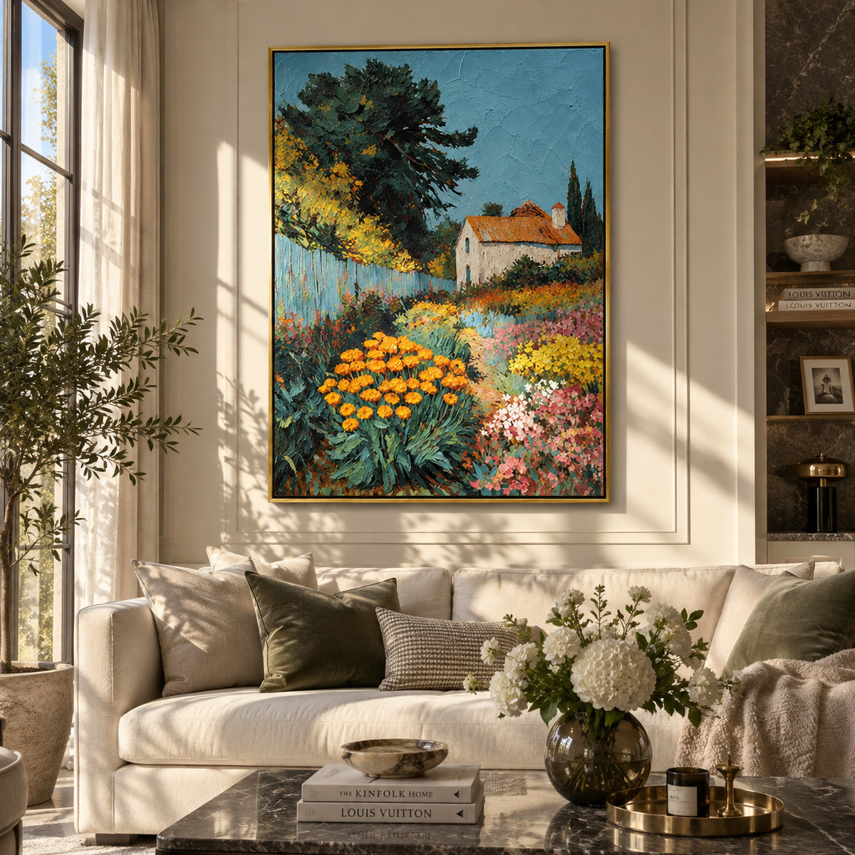 Marigolds by the Cottage - colorful garden cottage painting shown in modern room setting 4