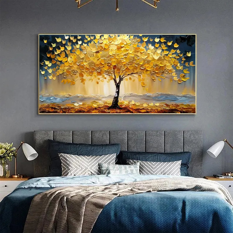 Summit of Gold – Modern Luxury Mountain Tree Oil Painting | Impasto Prosperity Living Room Art