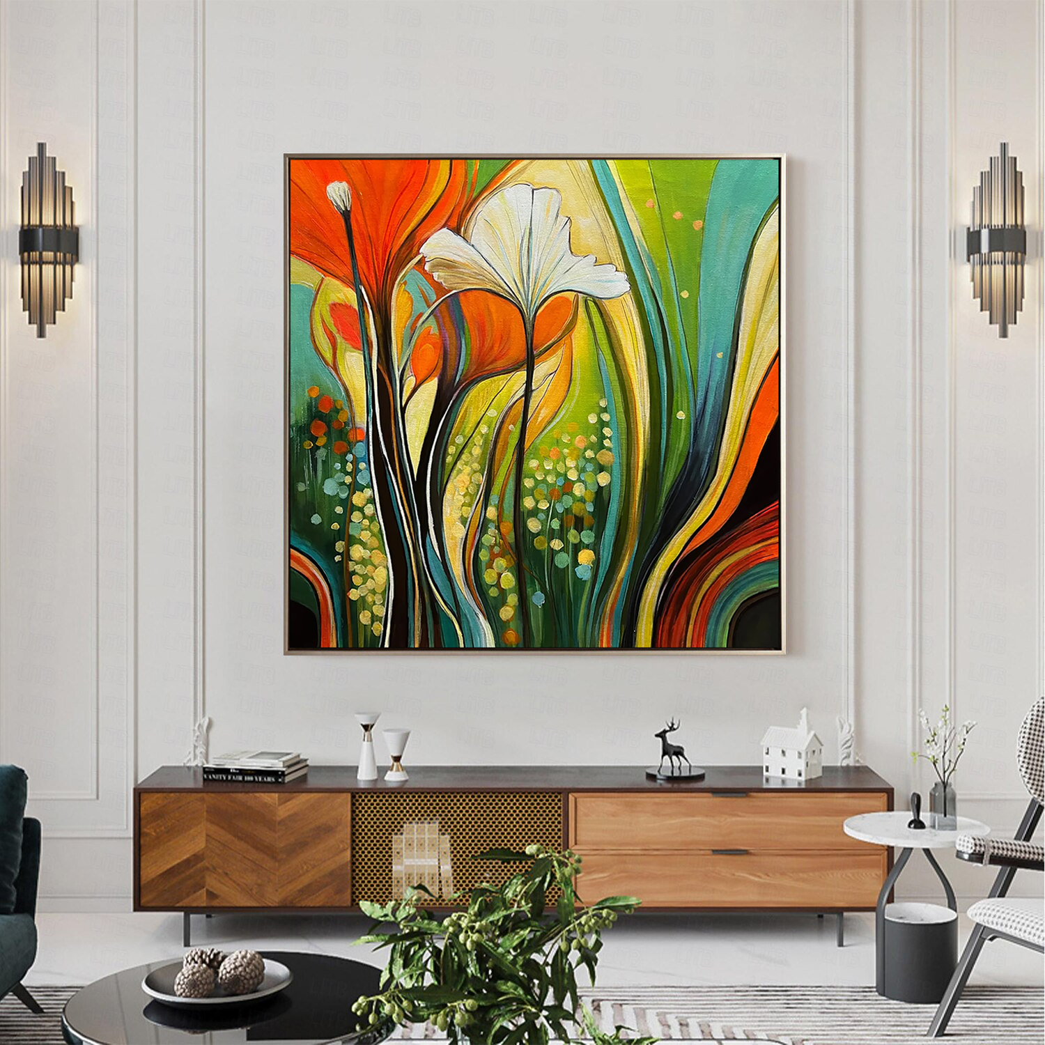 Vivid Rhythm – Hand-Painted Multicolored Floral Vines Abstract Painting | Vibrant Botanical Living Room & Dining Room Art