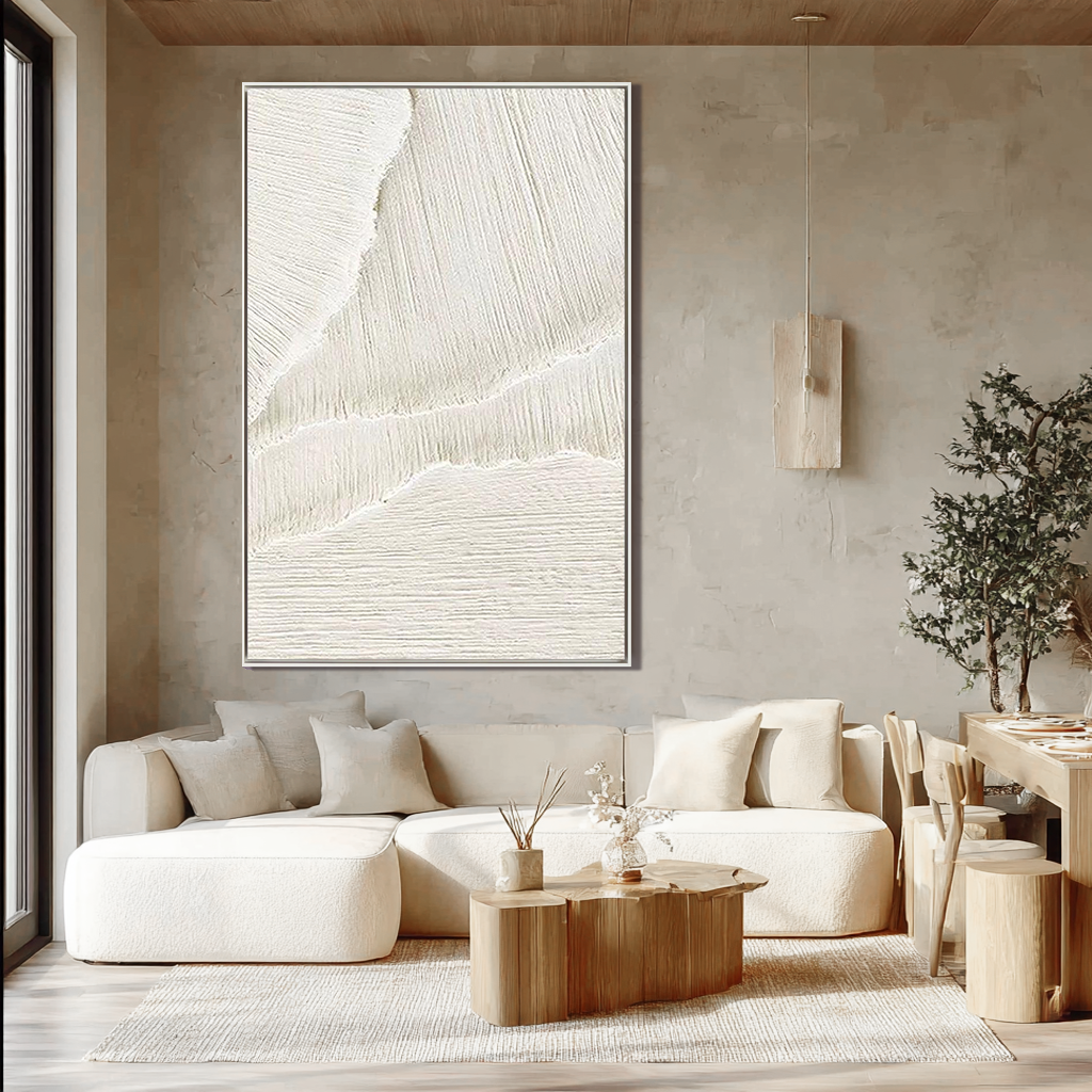 Oatmeal Strata – Minimalist Beige Linear Abstract Plaster Relief Painting | Minimalist Sculpted Plaster Studio Art
