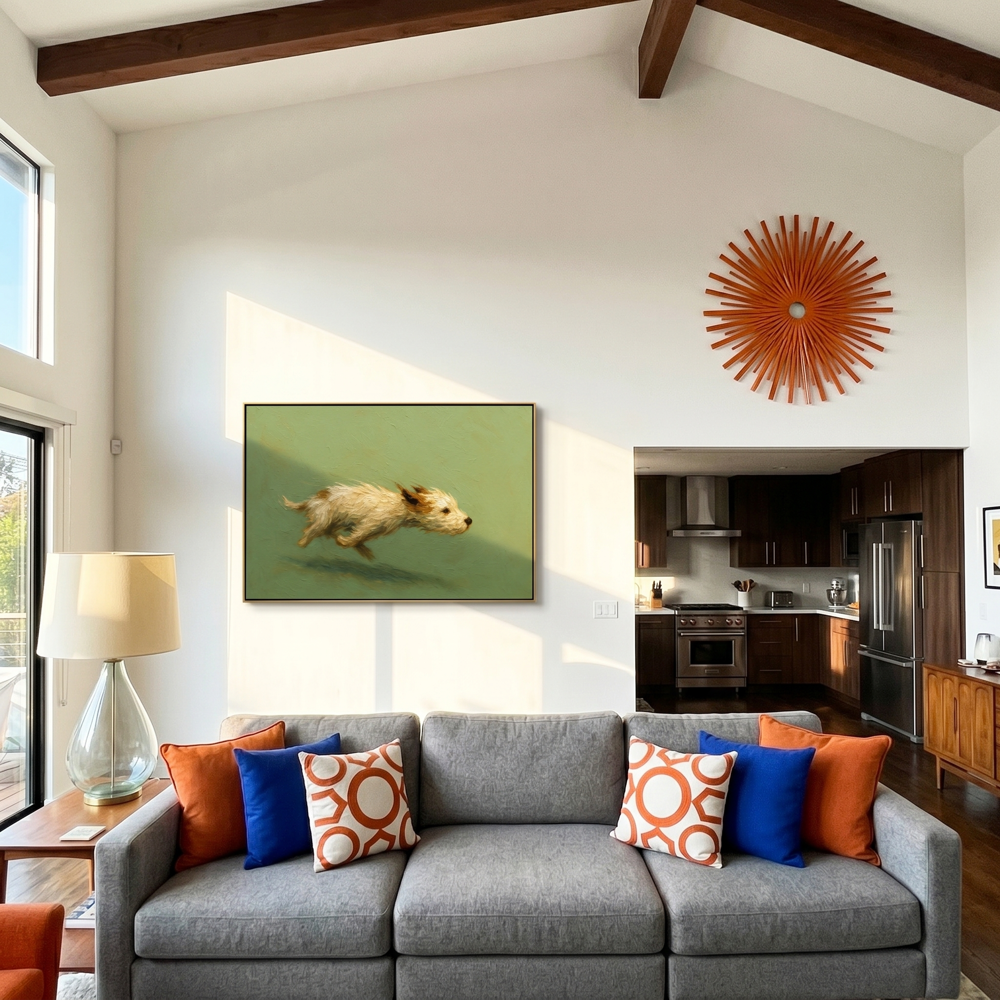 Free Spirit Run – Sage Green Minimalist Impasto Dog Oil Painting | Modern Cozy Pet Theme Hallway Art