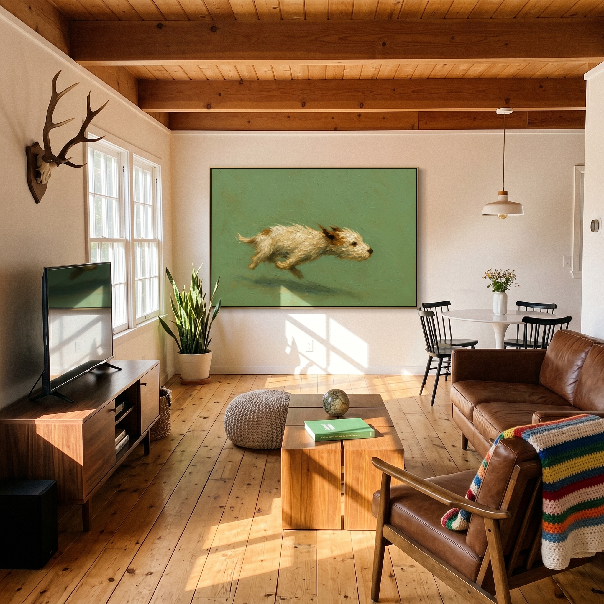 Free Spirit Run – Sage Green Minimalist Impasto Dog Oil Painting | Modern Cozy Pet Theme Hallway Art